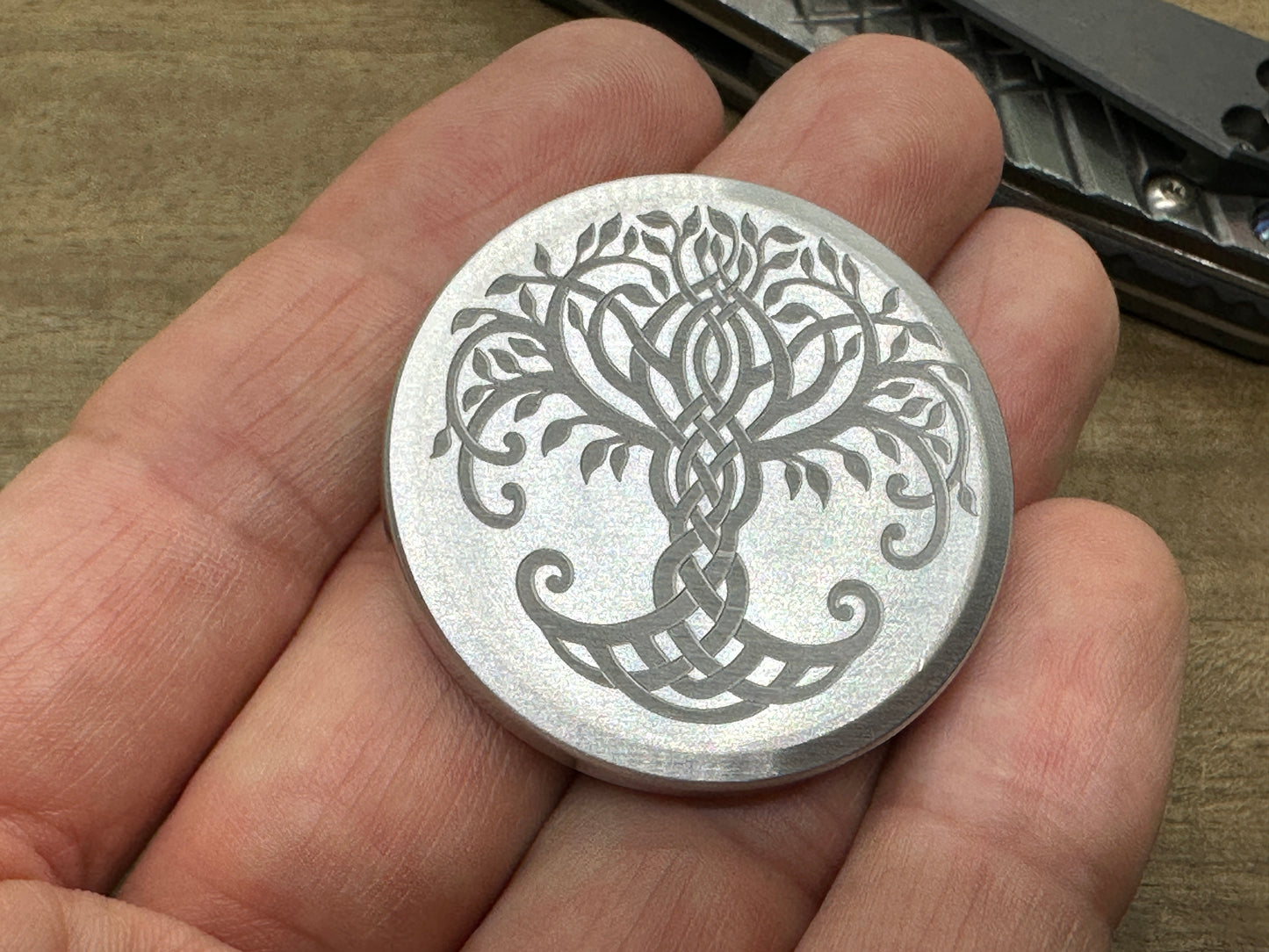 4 sizes TREE of LIFE / Celtic Cross Aerospace grade Aluminum Worry Coin