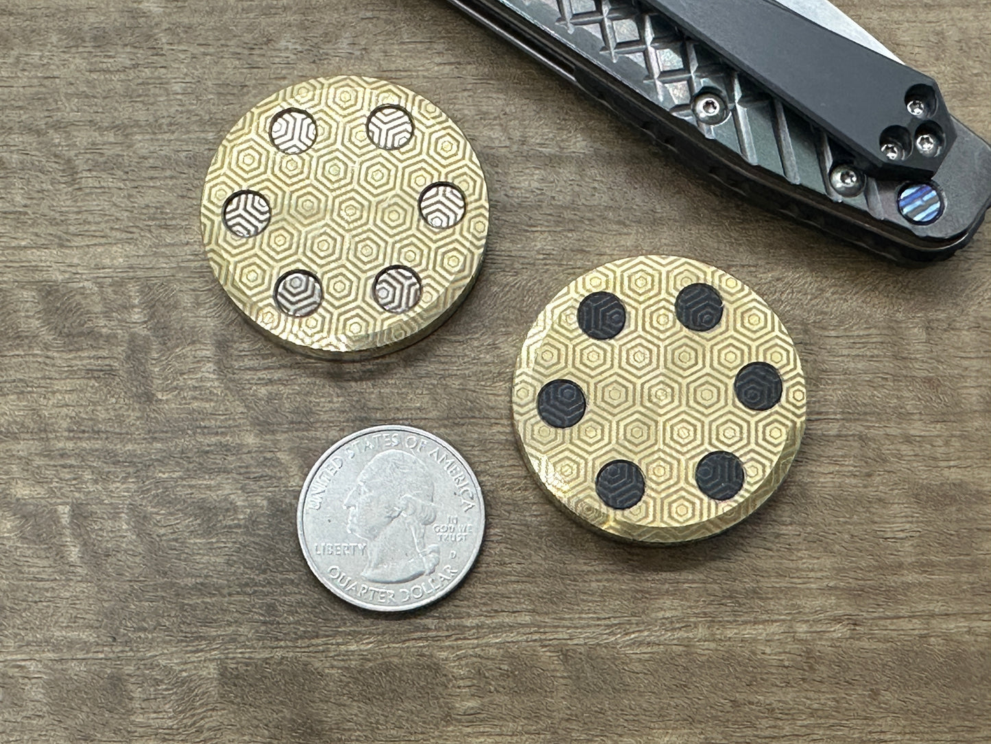 HONEYCOMB engraved ORBITER Haptic Coins Brass Haptic Coins Fidget
