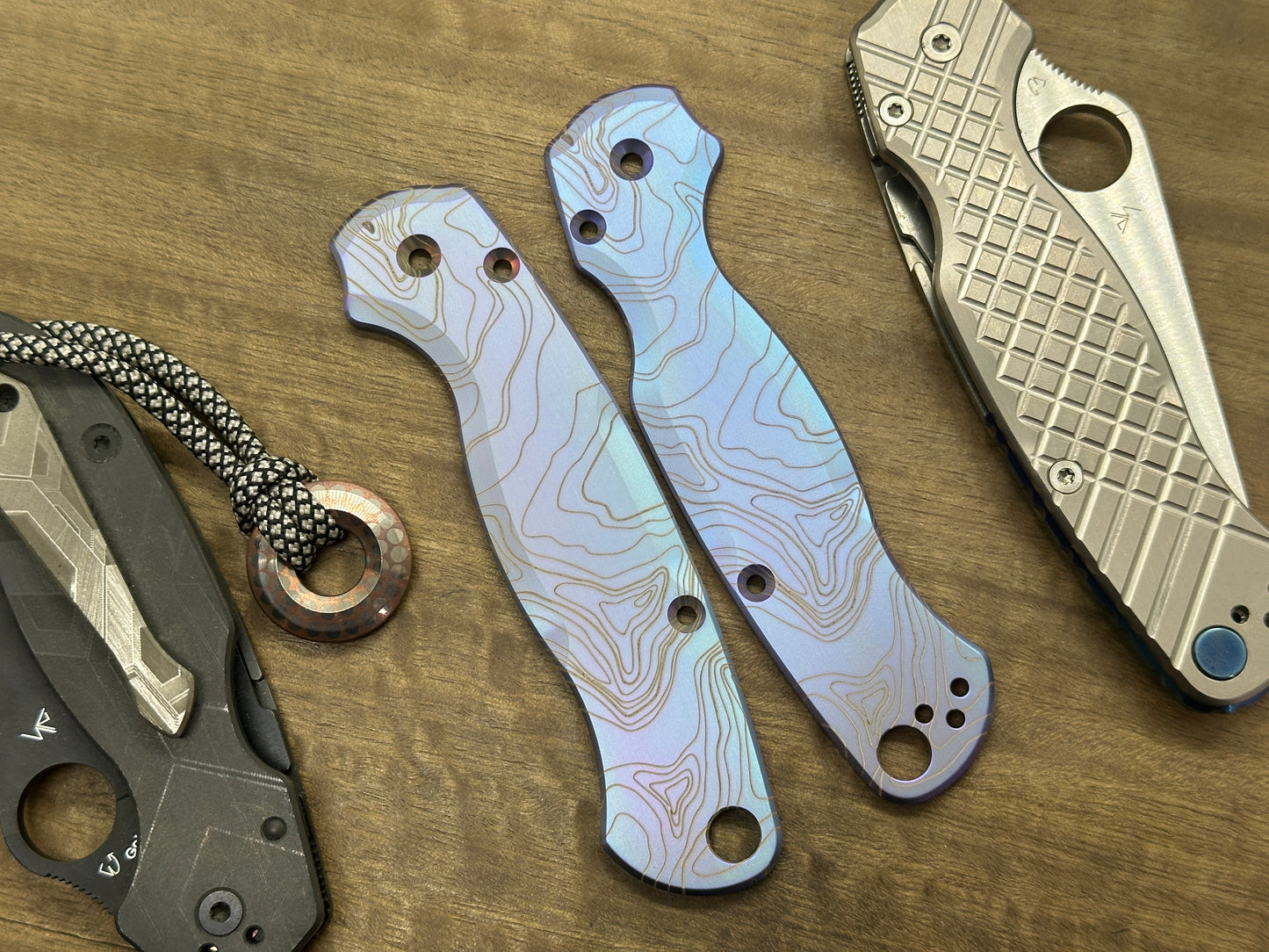 Teal Magenta TOPO Engraved Titanium scales for Spyderco Paramilitary 2 PM2