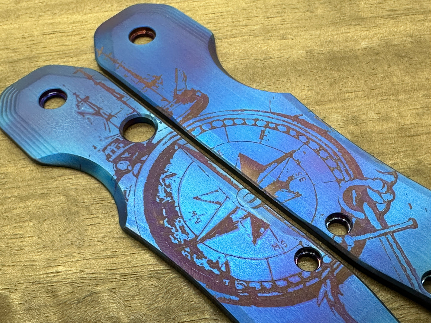 Flamed COMPASS at SEA engraved Titanium Scales for Spyderco SMOCK