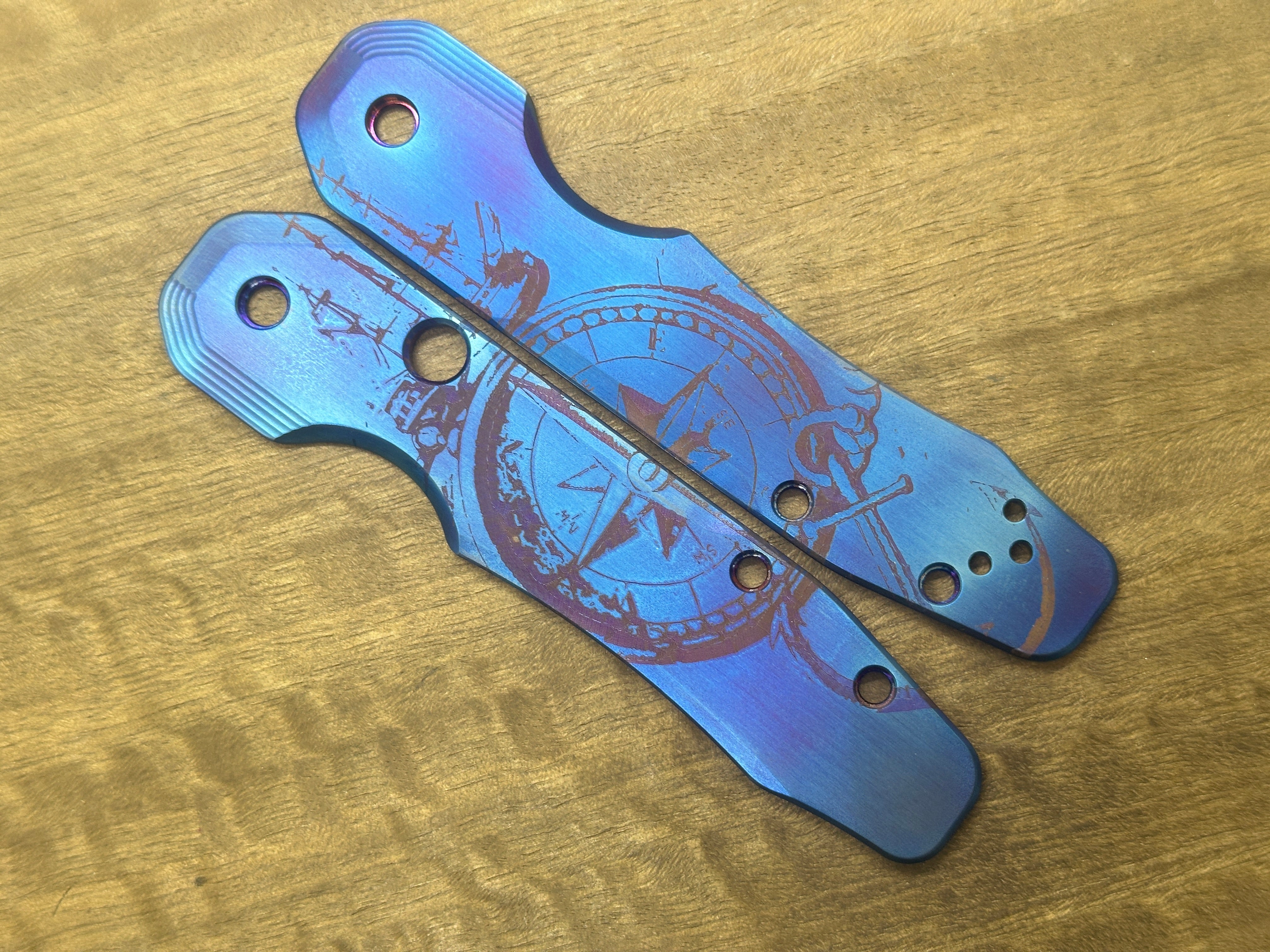 Flamed COMPASS at SEA engraved Titanium Scales for Spyderco SMOCK