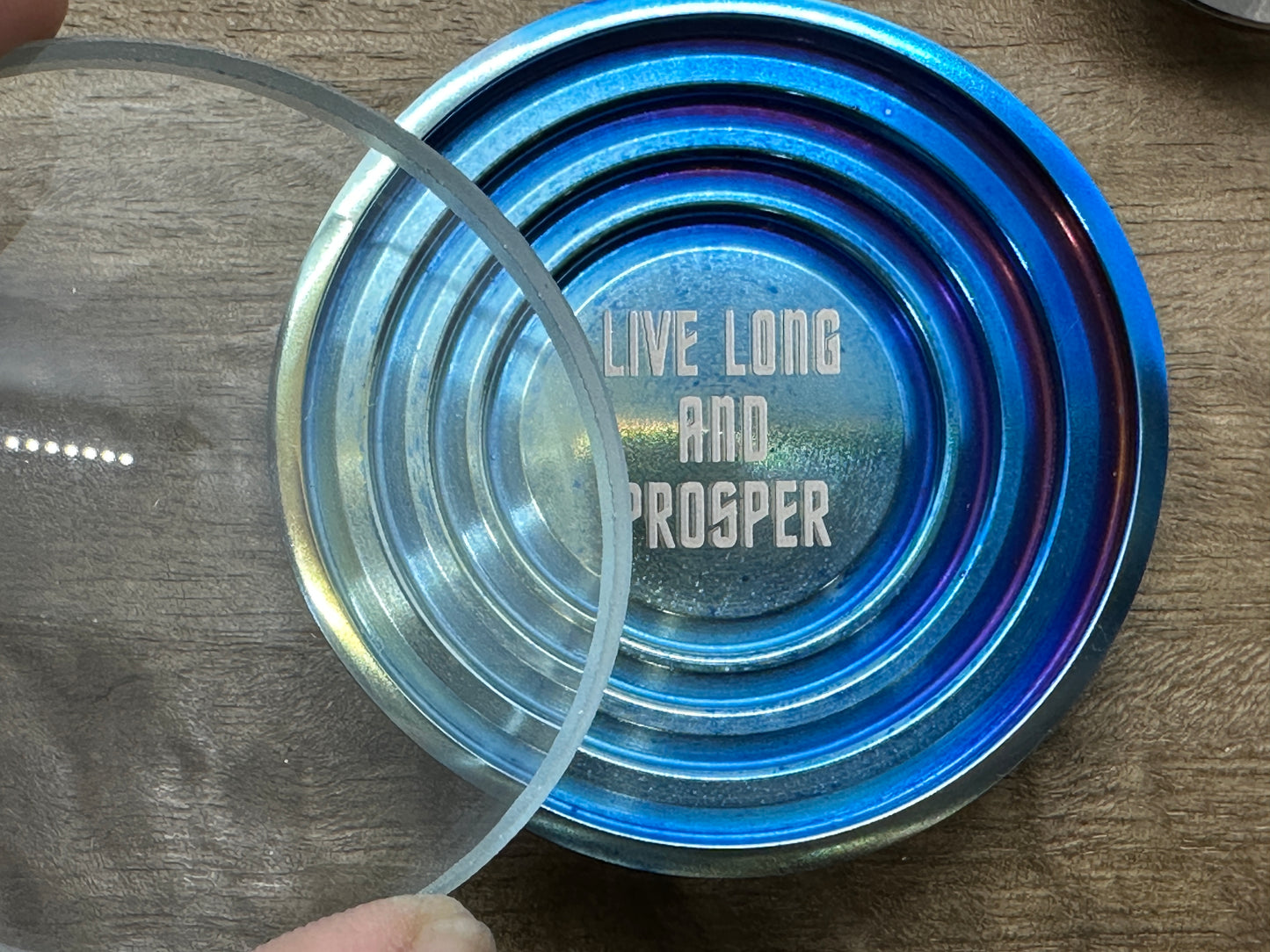 LIVE LONG and PROSPER Flamed Titanium Spin base for Spinning Tops & Coins