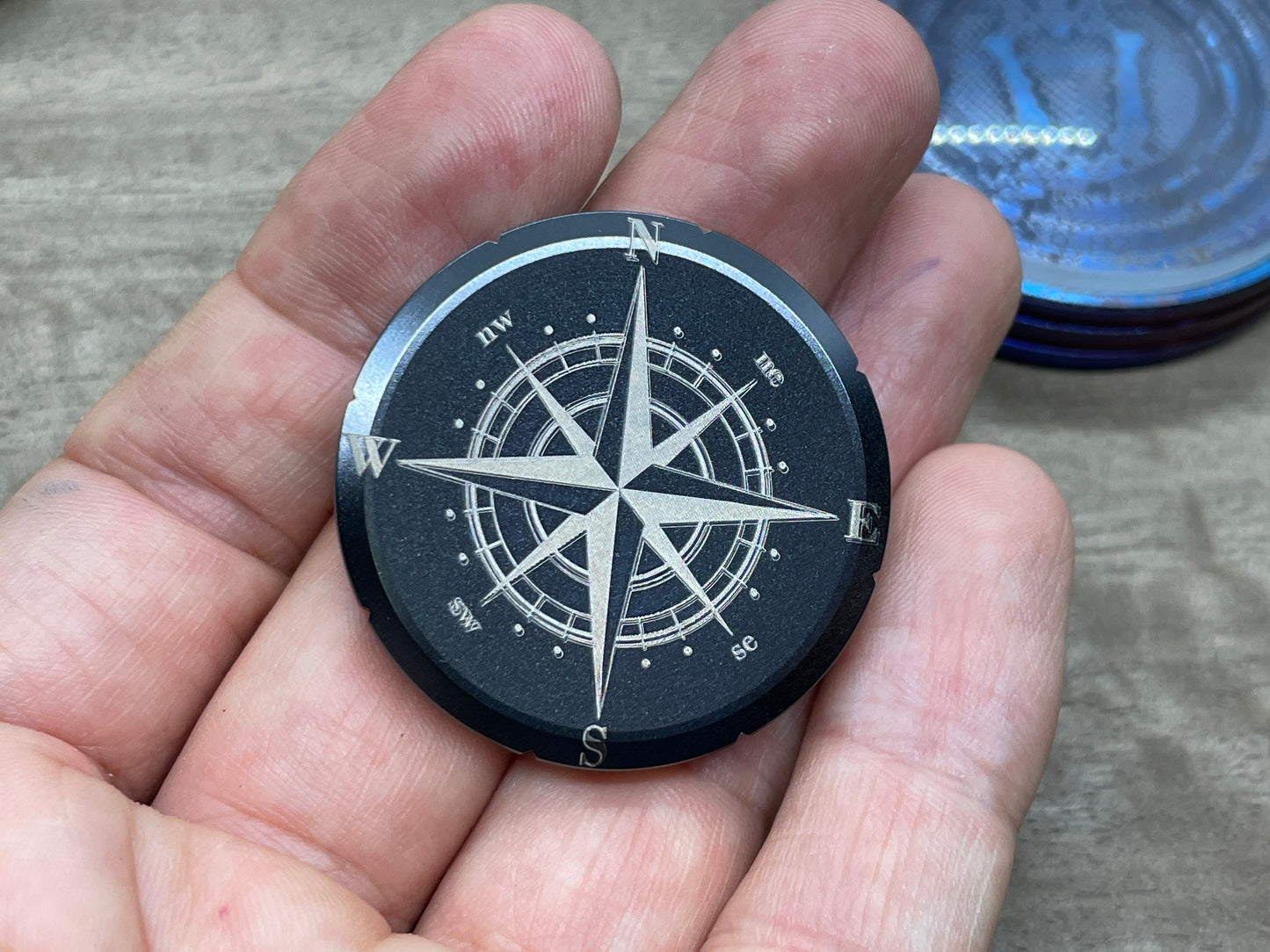 COMPASS Black engraved Titanium Spinning Worry Coin Spinning Top