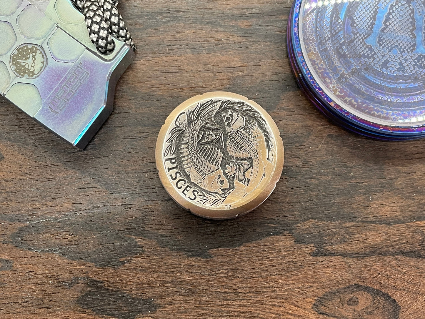 Deep engraved PISCES Zodiac Titanium Spinning Worry Coin Spinning Top