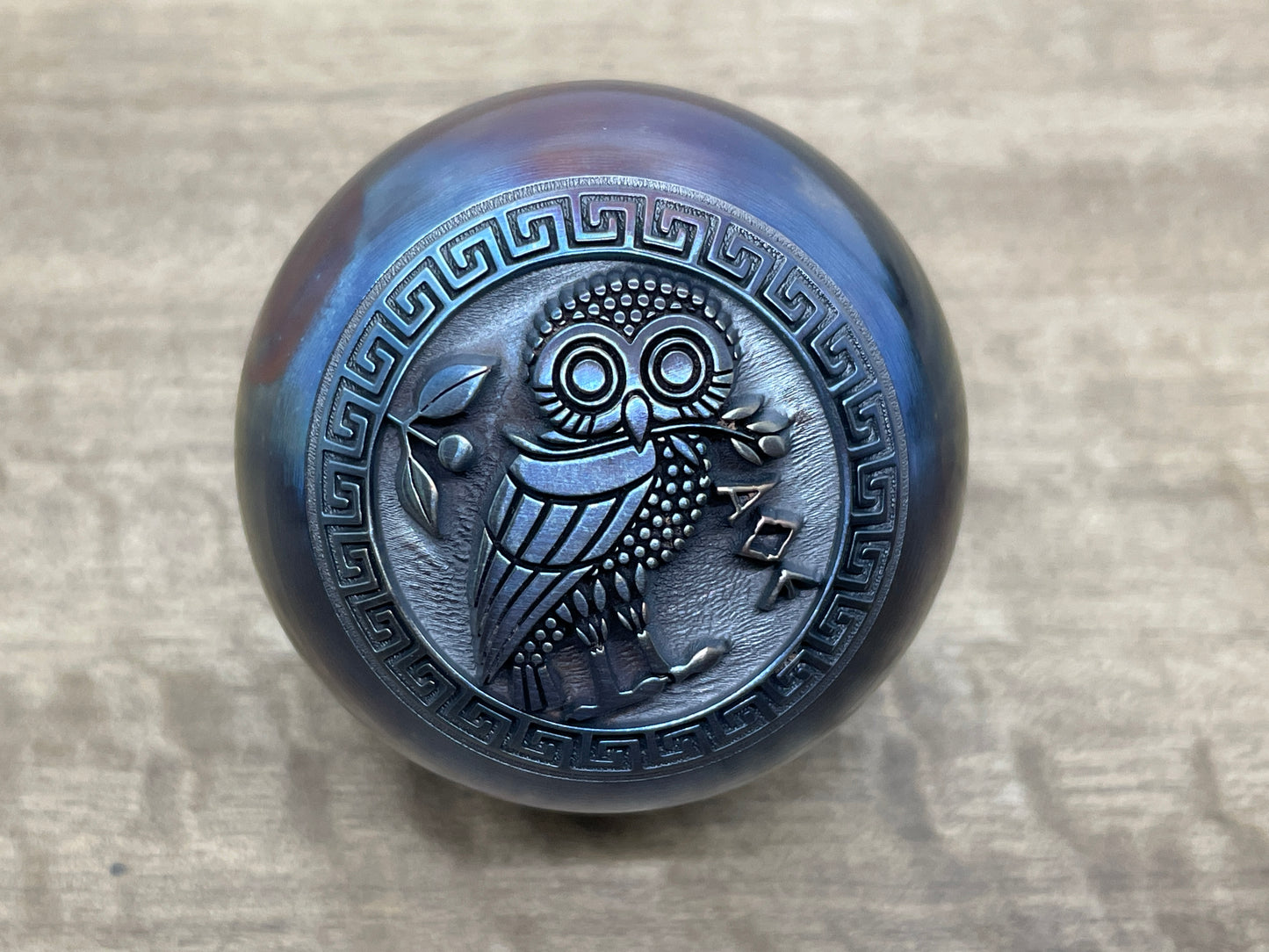 2.15" The OWL Deep engraved Flamed Stainless Steel SPHERE +TurboGlow stand