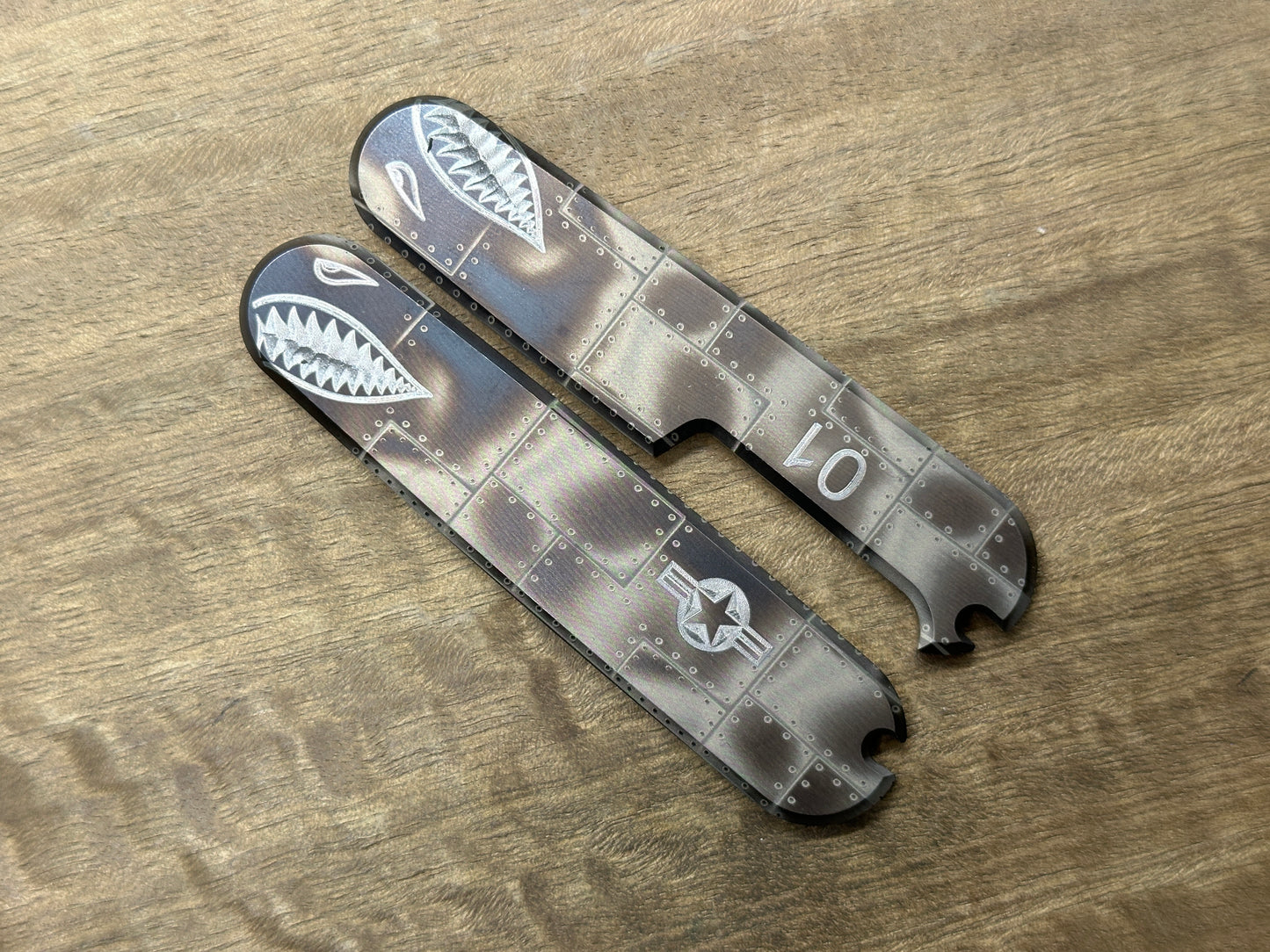 Black P40 Riveted Airplane engraved 91mm Titanium Scales for Swiss Army SAK