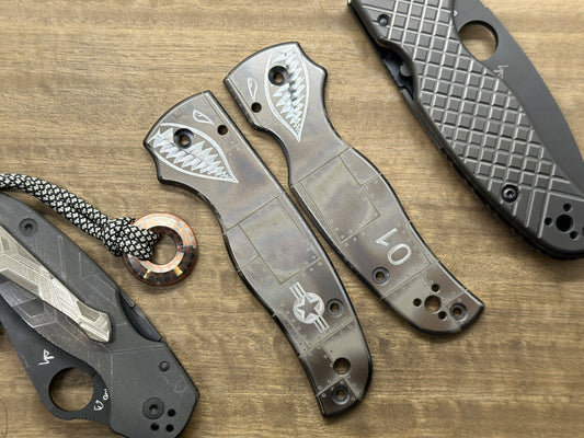 Black P40 RIVETED AIRPLANE engraved Titanium Scales for SHAMAN Spyderco