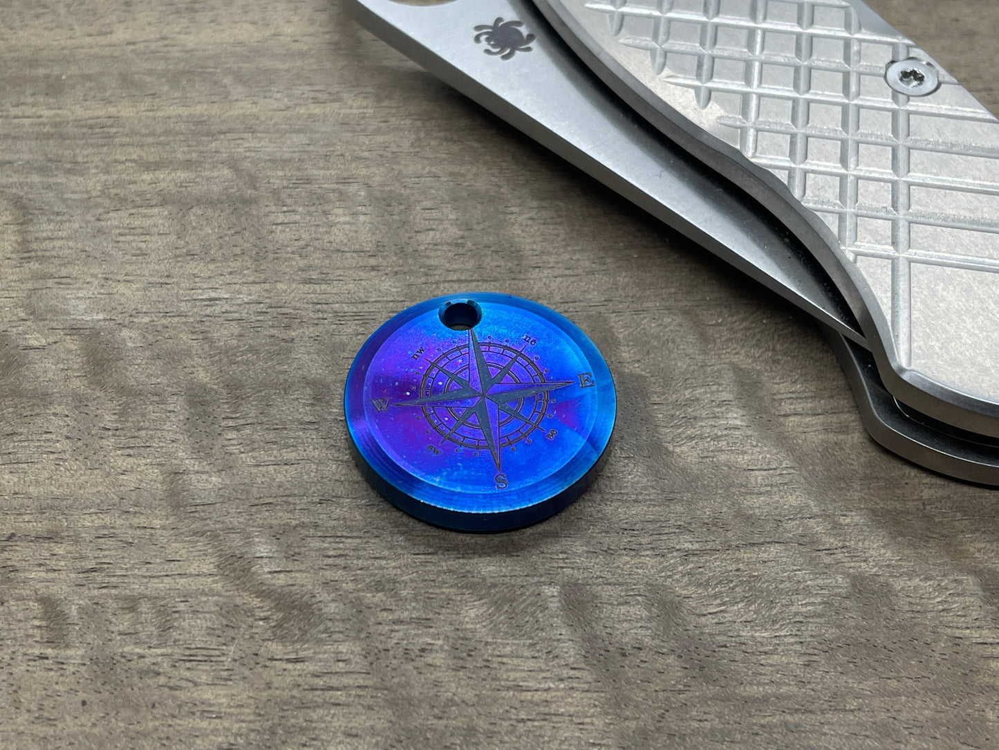 Flamed COMPASS engraved Titanium PENDANT Keychain