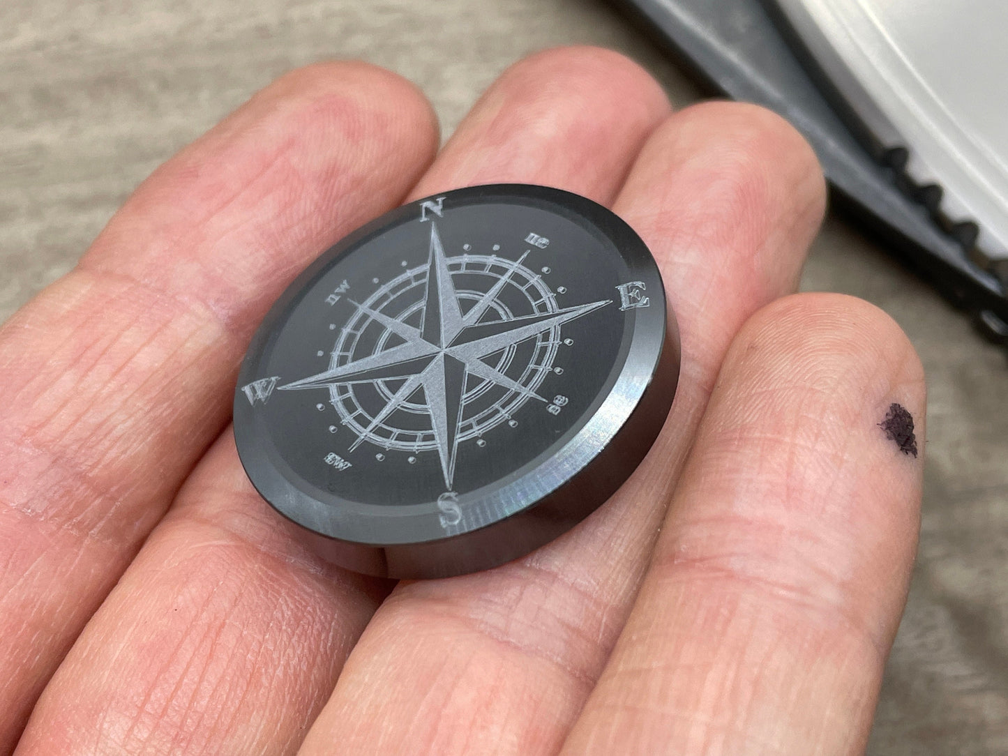 4 sizes COMPASS engraved Black Zirconium Worry Coins