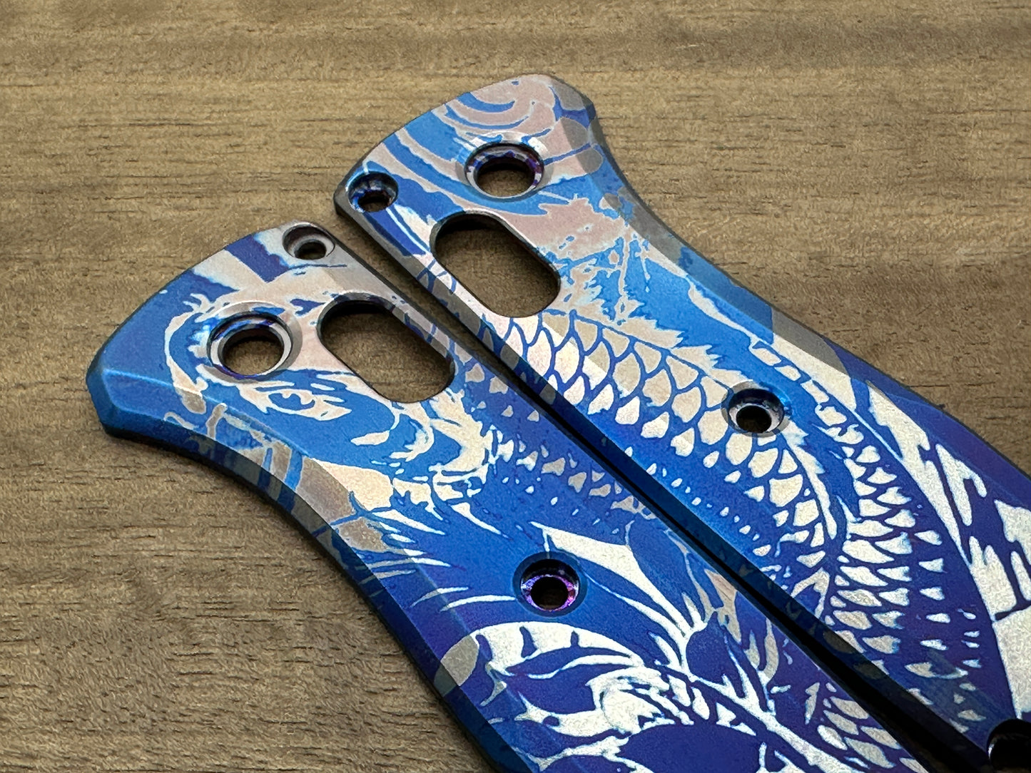 Blue KOI Fish Flamed heat ano engraved Titanium Scales for Benchmade Bugout 535