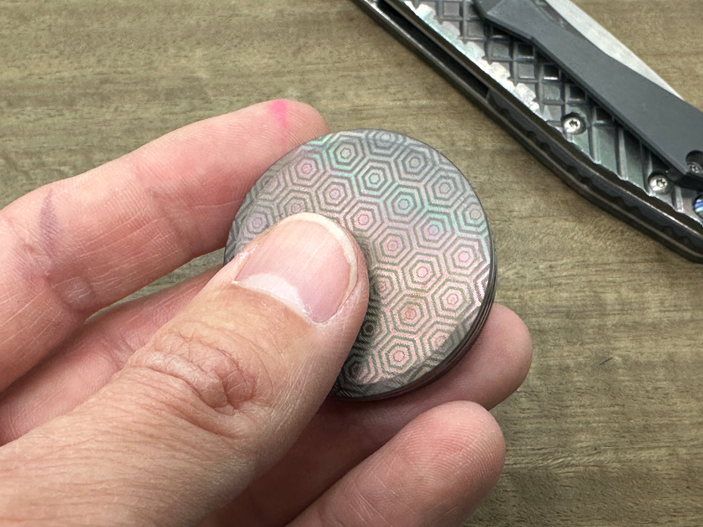 HONEYCOMB Oil Slick engraved Titanium HAPTIC Coins CLICKY Haptic Slider Fidget