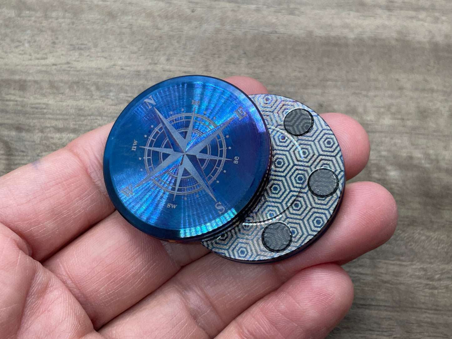 Blue Flamed COMPASS Stainless Steel CLICKY HAPTIC Coins Fidget