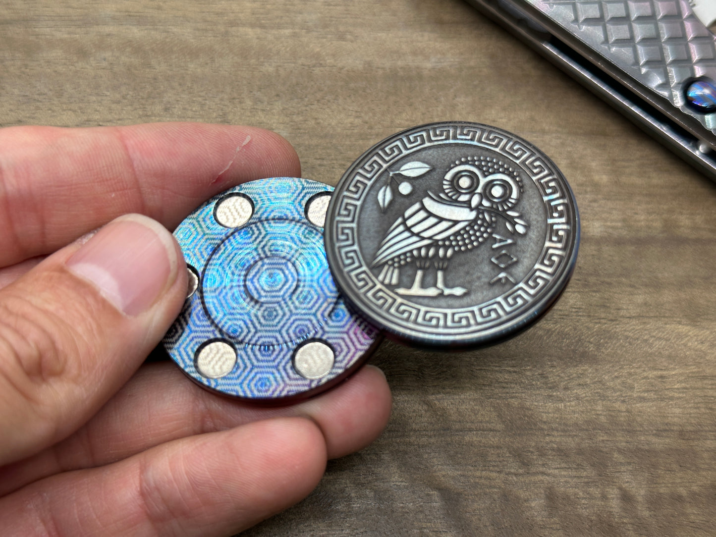 The OWL Deep engraved Flamed HAPTIC Coins CLICKY Greek Ascoloy Haptic Slider