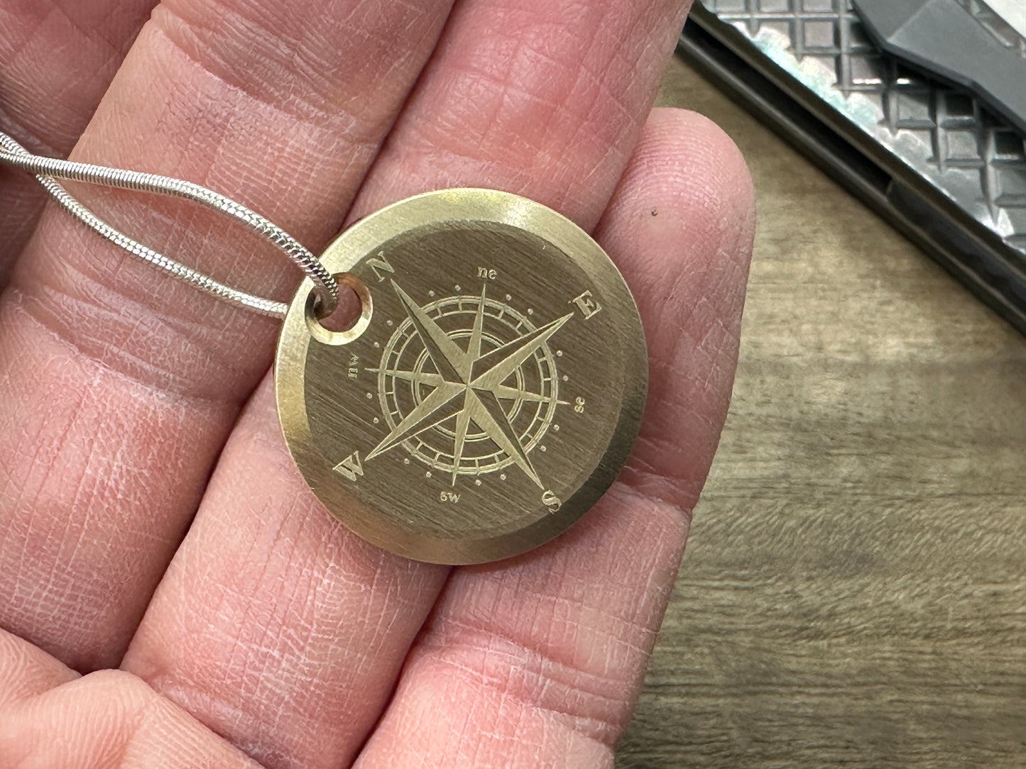 COMPASS engraved on both sides Brass PENDANT Keychain