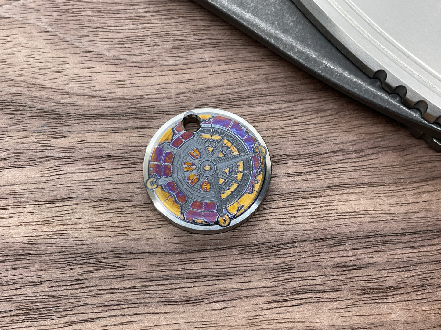 COMPASS-Wheel Heat ano engraved Titanium PENDANT Keychain