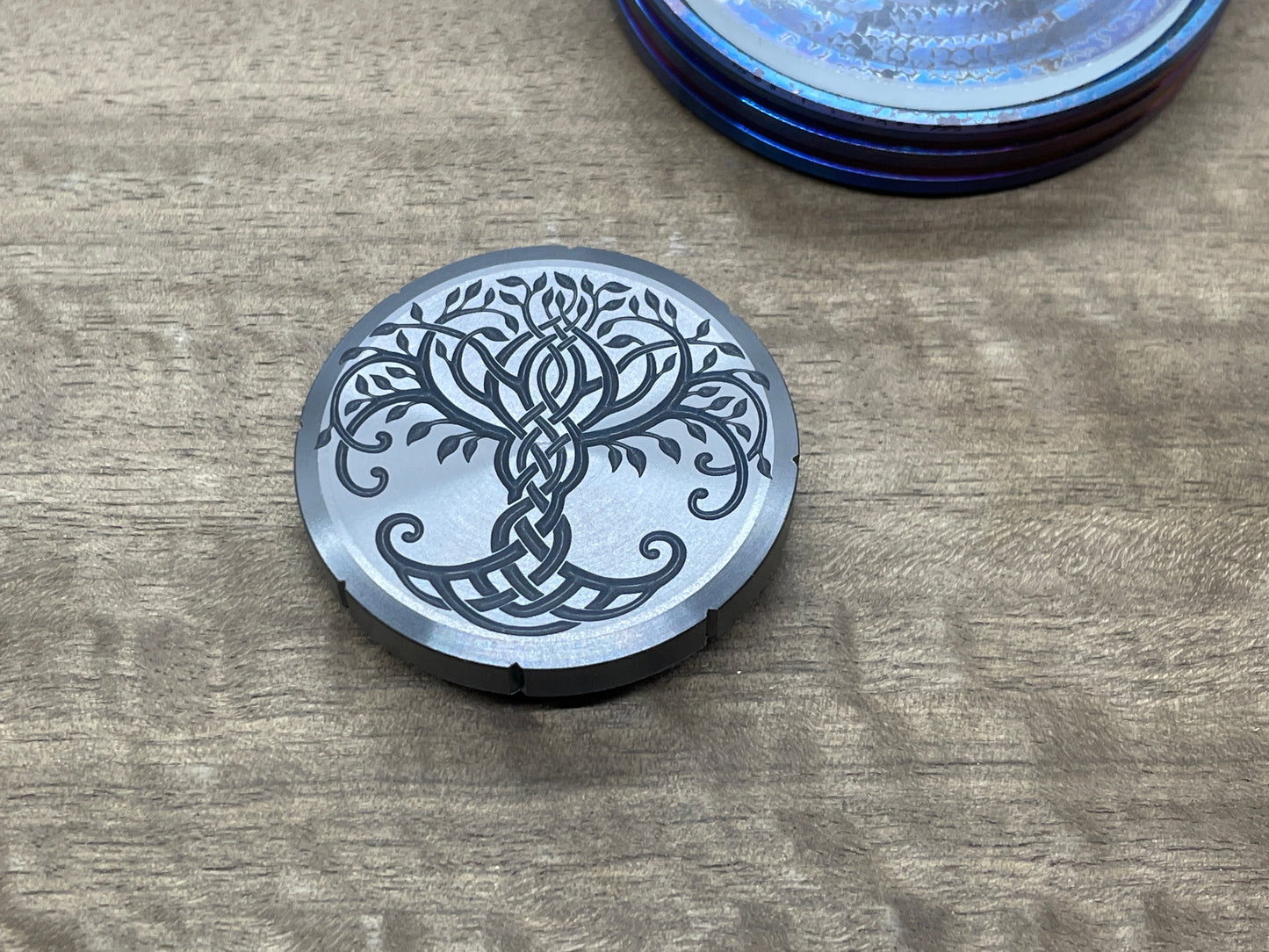 Celtic Cross / Tree of Life engraved Zirconium Spinning Worry Coin Spinning Top