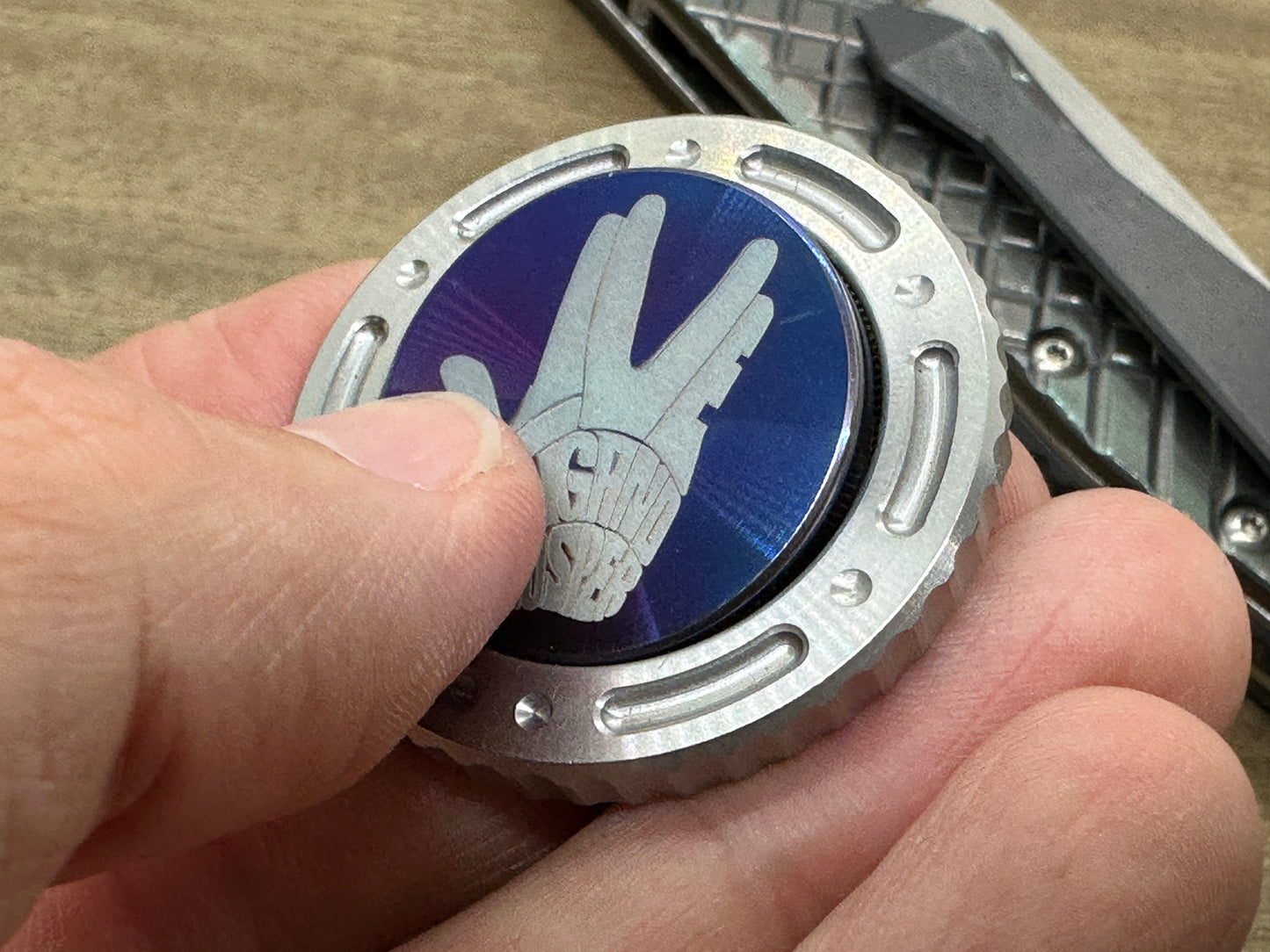 LIVE LONG and PROSPER Flamed Stainless Steel Coin for Billetspin Gambit