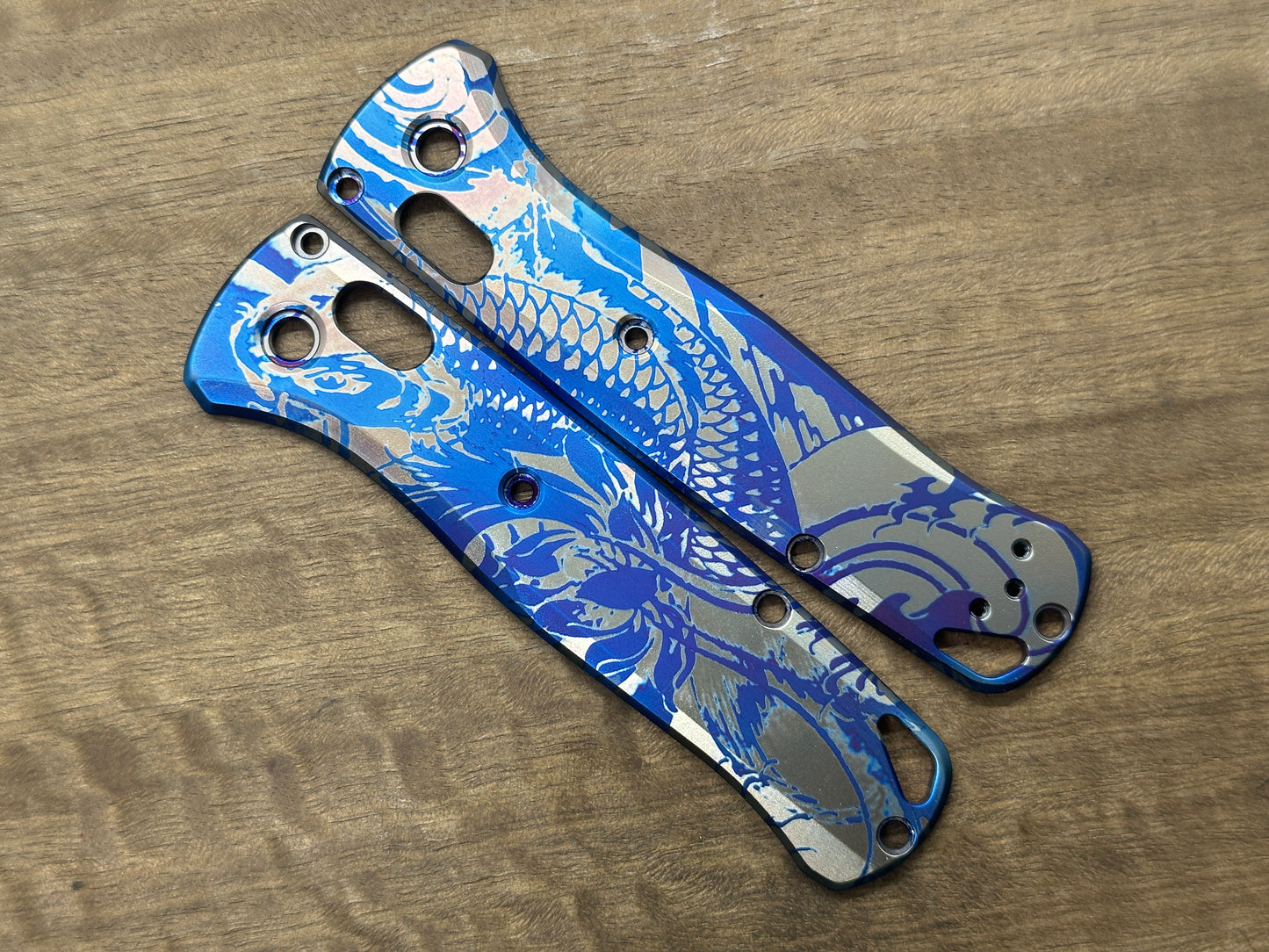 Blue KOI Fish Flamed heat ano engraved Titanium Scales for Benchmade Bugout 535