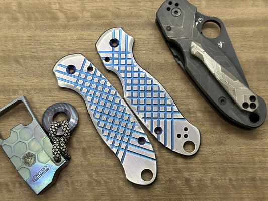 2-Tone BLUE ano Brushed FRAG milled Titanium scales for Spyderco Para 3