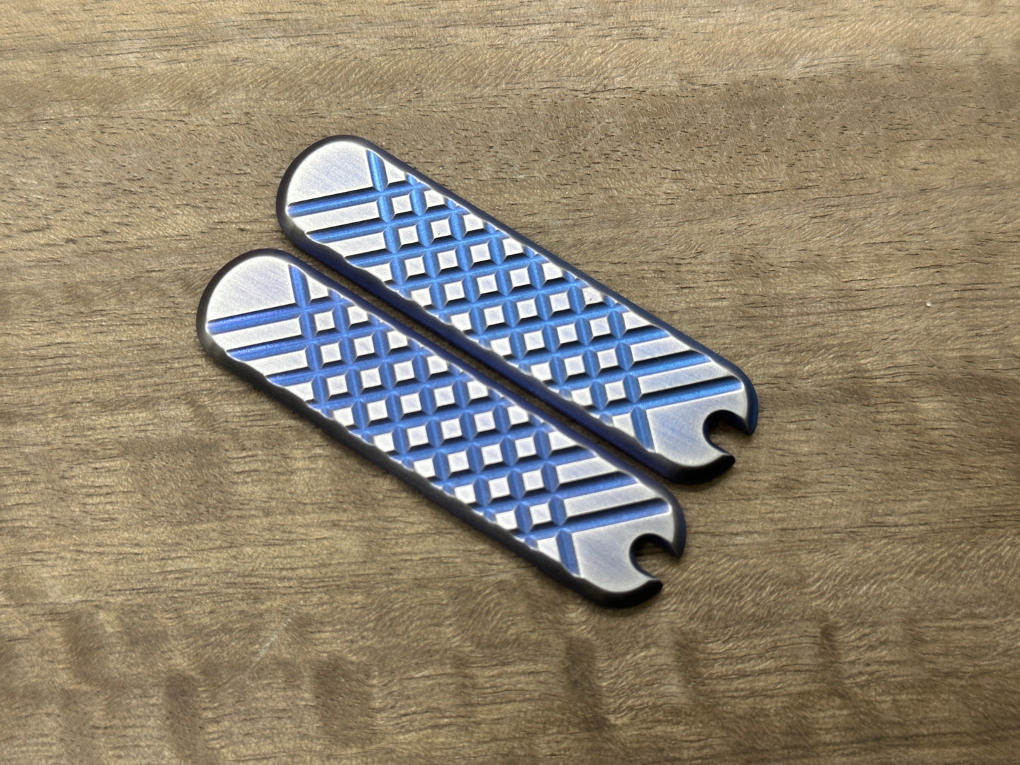 2-Tone BLUE ano & Brushed FRAG milled 58mm Titanium Scales for Swiss Army SAK