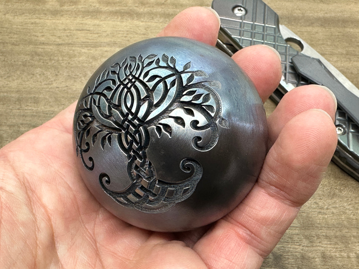 2.15" Tree of Life and Celtic Cross Stainless Steel Giga SPHERE +TurboGlow stand