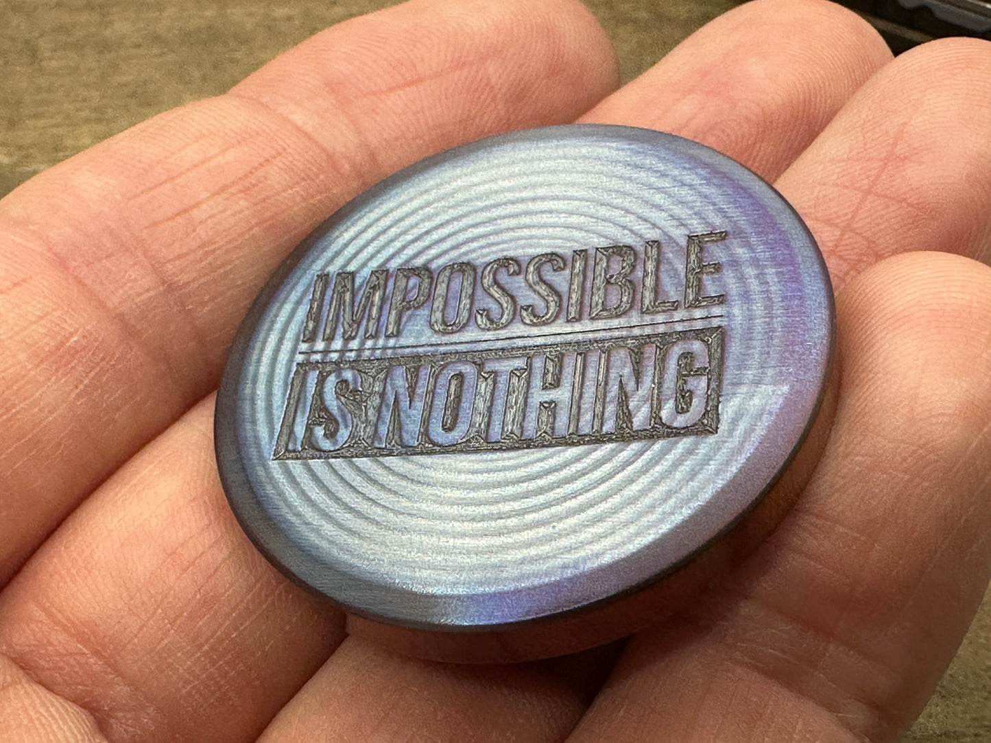 4 Sizes Impossible is Nothing - Flamed Deep engraved Stainless Worry Coin