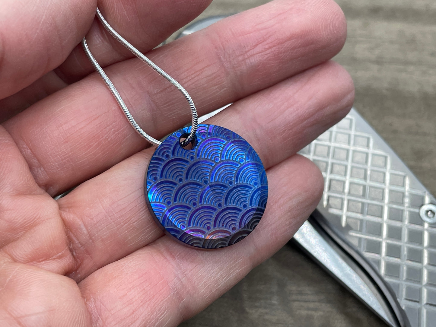 Flamed SEIGAIHA Titanium PENDANT Keychain