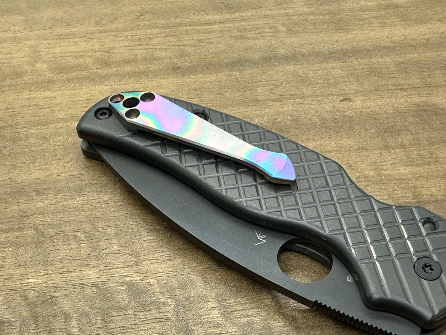 Oil Slick Brushed SPIDY Titanium CLIP for SHAMAN Spyderco