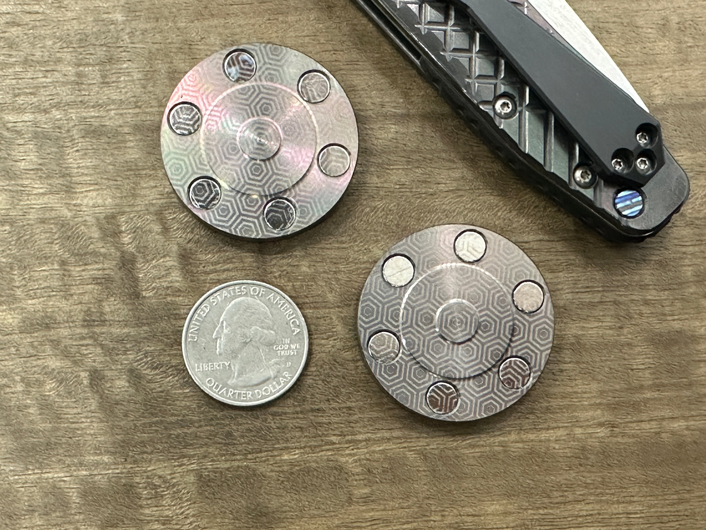 Oil Slick HONEYCOMB engraved Titanium HAPTIC Coins CLICKY Haptic Slider Fidget