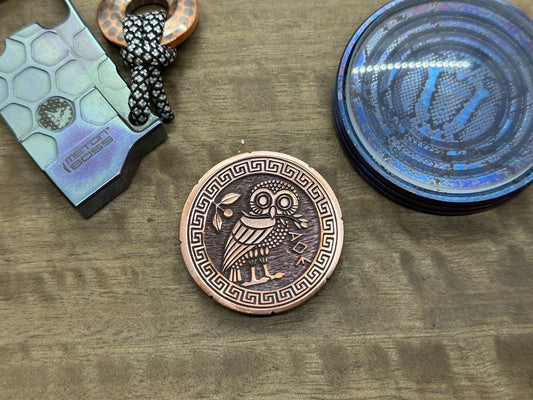 Deep engraved OWL Copper Spinning Worry Coin Spinning Top