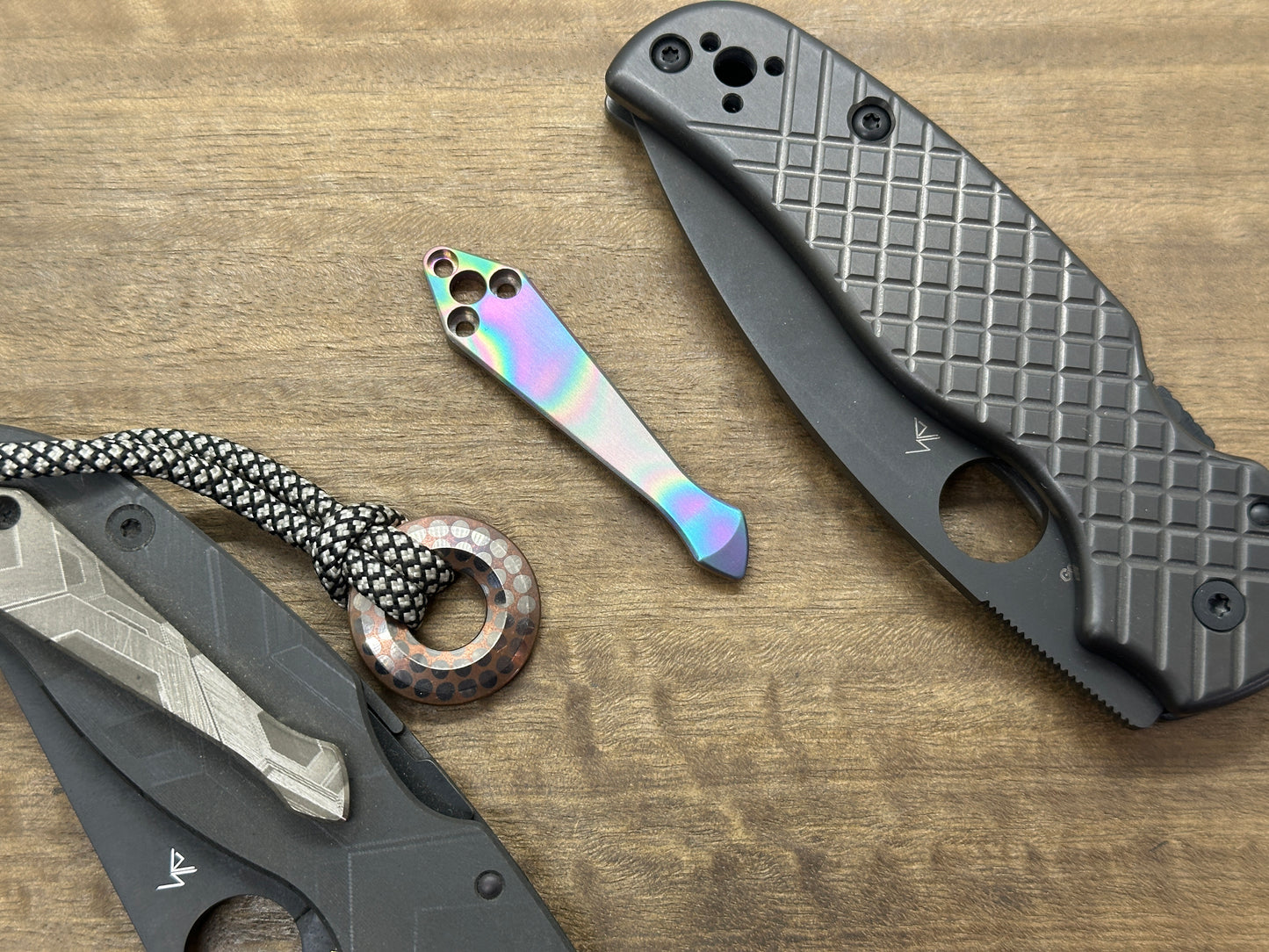 Oil Slick Brushed SPIDY Titanium CLIP for SHAMAN Spyderco