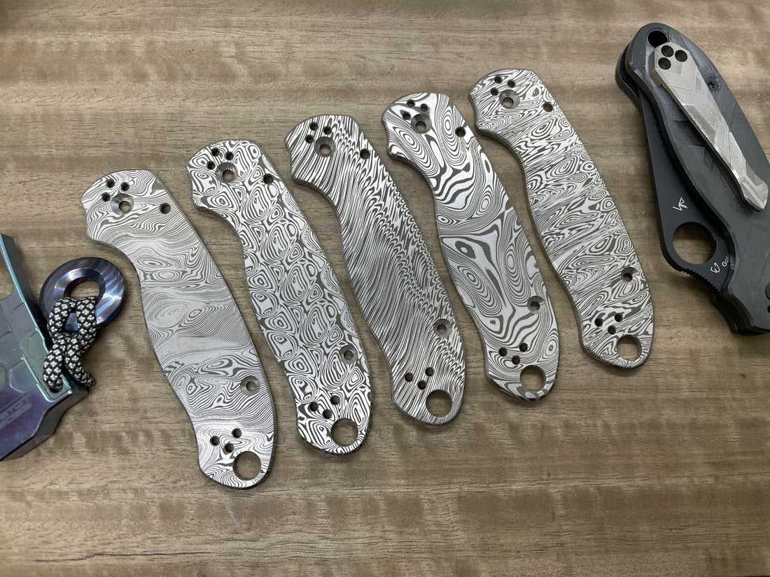 DAMASTEEL pattern engraved Titanium Scales for Spyderco PM2