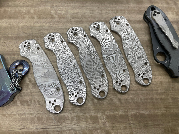 DAMASTEEL pattern engraved Titanium Scales for Spyderco Para 3