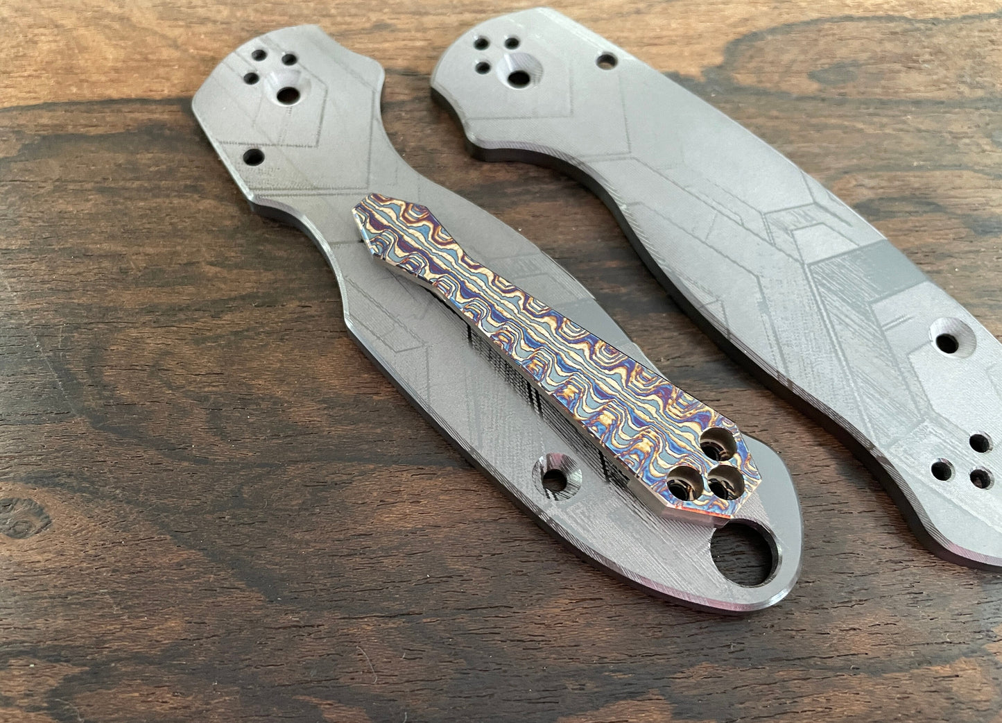 Mokume / Timascus pattern engraved Dmd Titanium CLIP for most Spyderco models