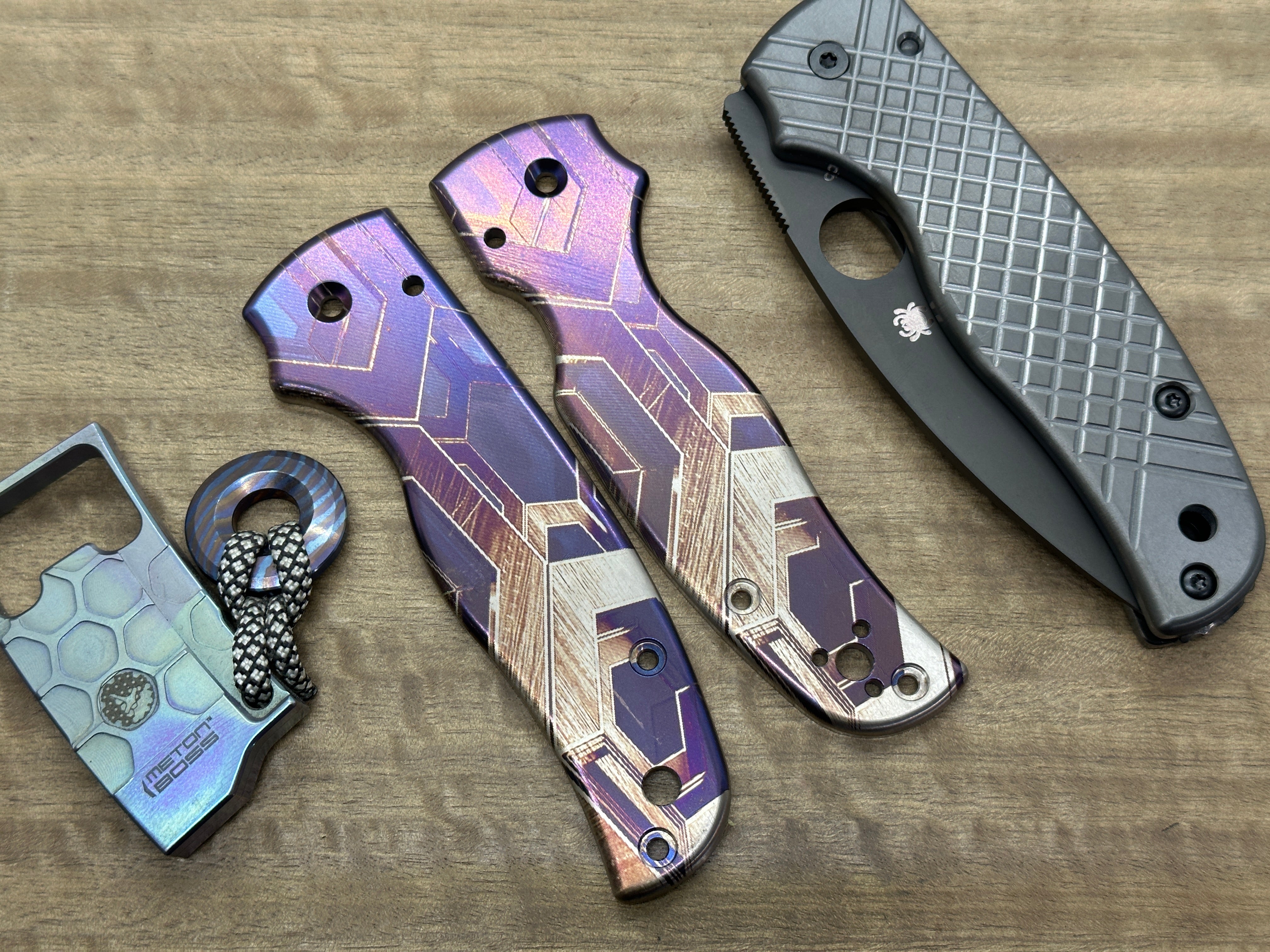 FALCON Purple heat ano engraved Titanium Scales for SHAMAN Spyderco ...