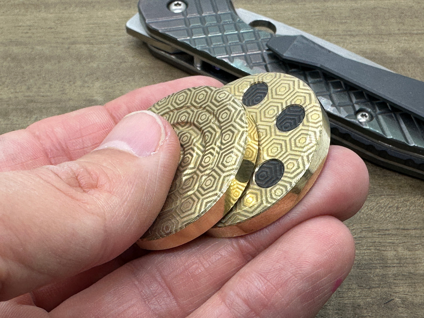 HONEYCOMB engraved ORBITER Haptic Coins Brass Haptic Coins Fidget