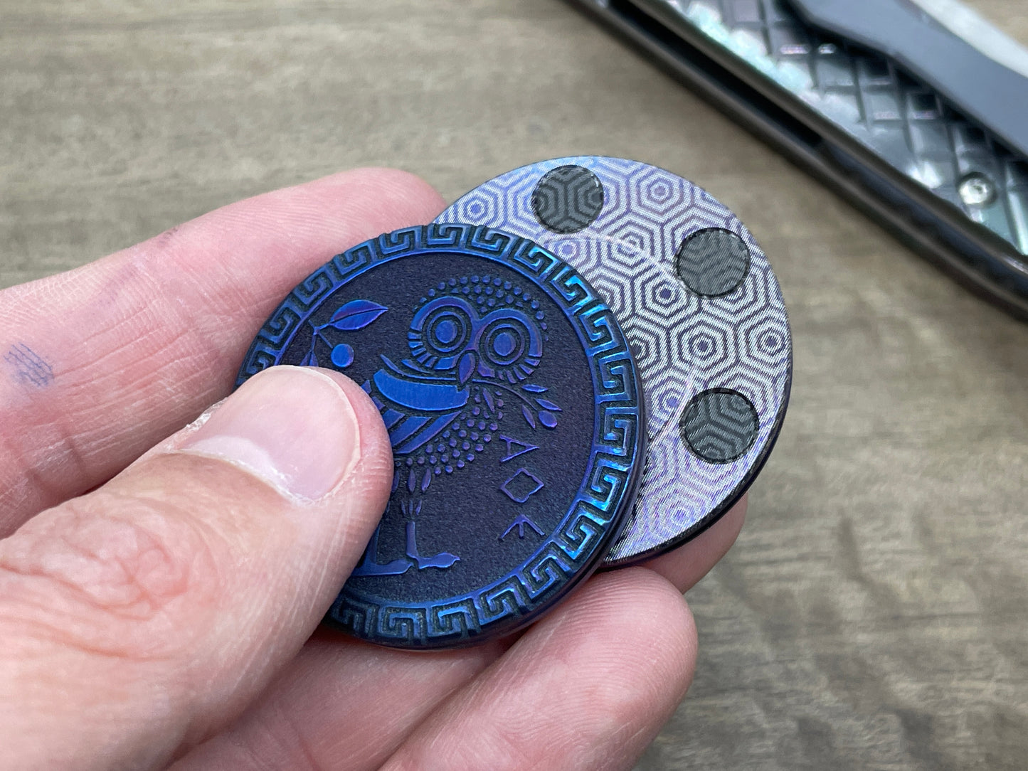 The OWL Flamed Backside Greek Titanium CLICKY HAPTIC Coins ideas