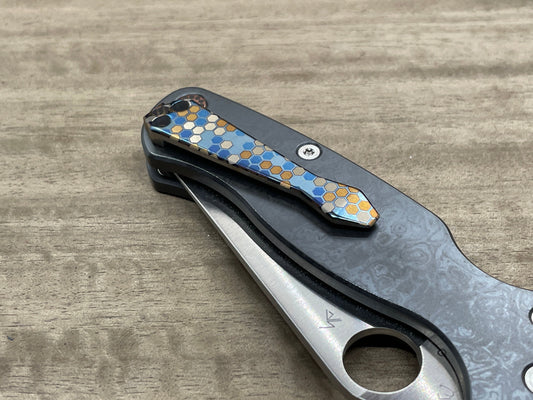 Blue Dmd Honeycomb heat ano engraved Titanium CLIP for most Spyderco models
