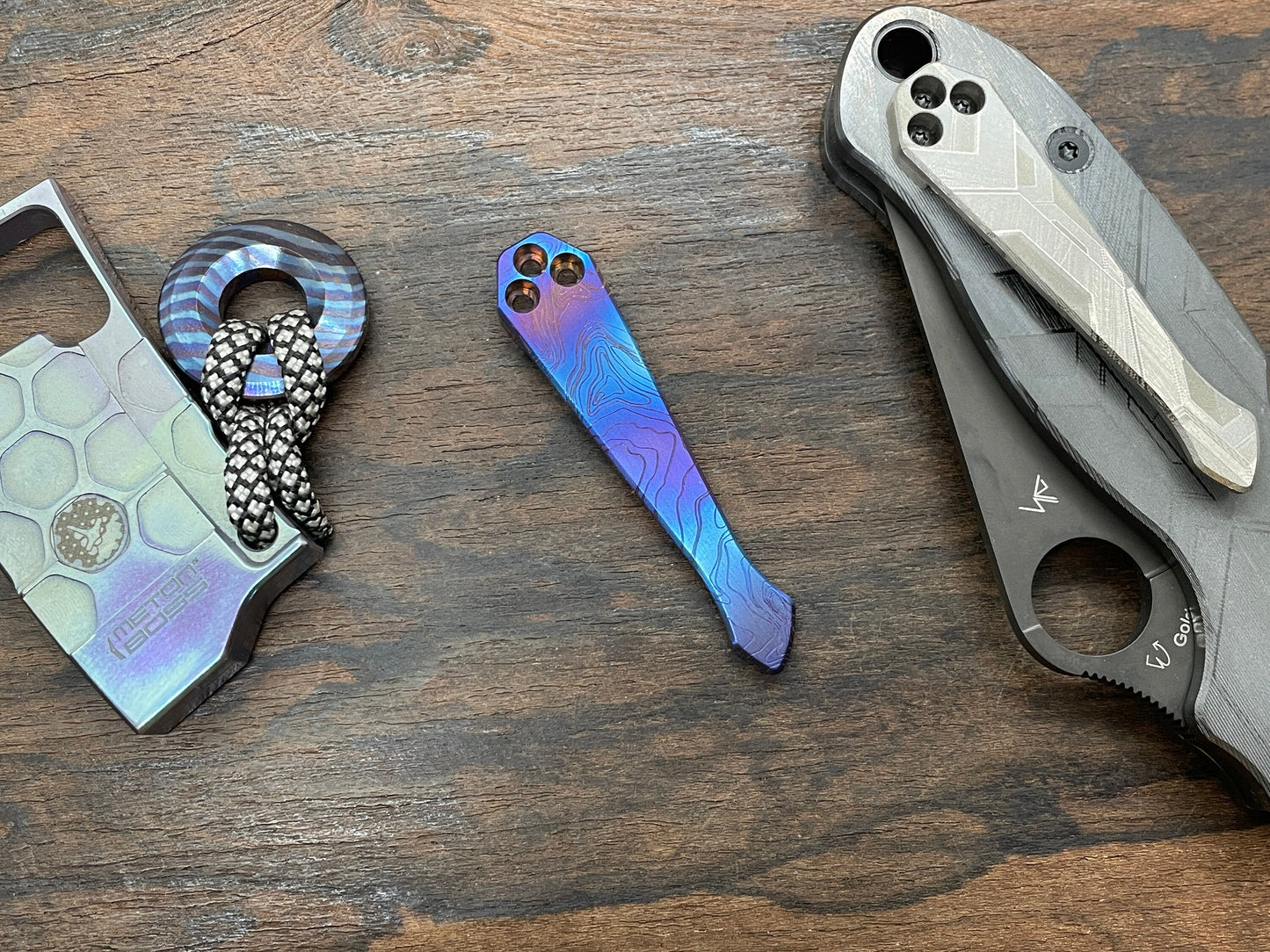 Flamed TOPO engraved SPIDY Titanium CLIP for most Spyderco models