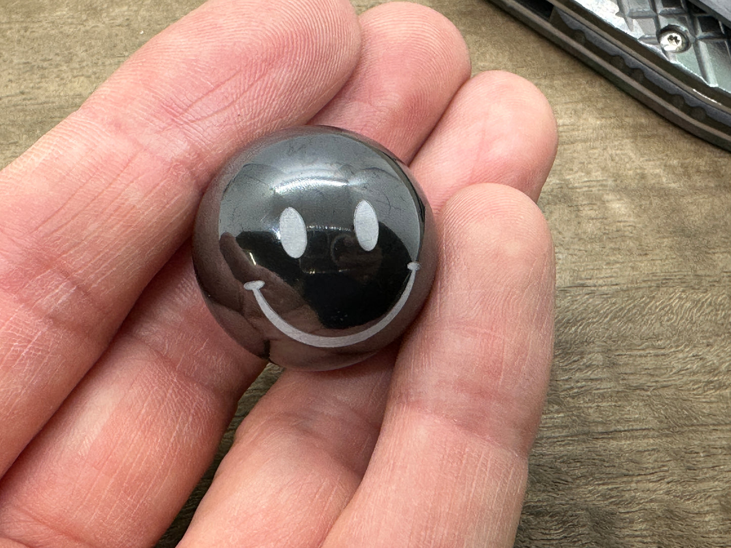 1" SMILEY Polished Solid Black Zirconium SPHERE + Glow in the dark stand