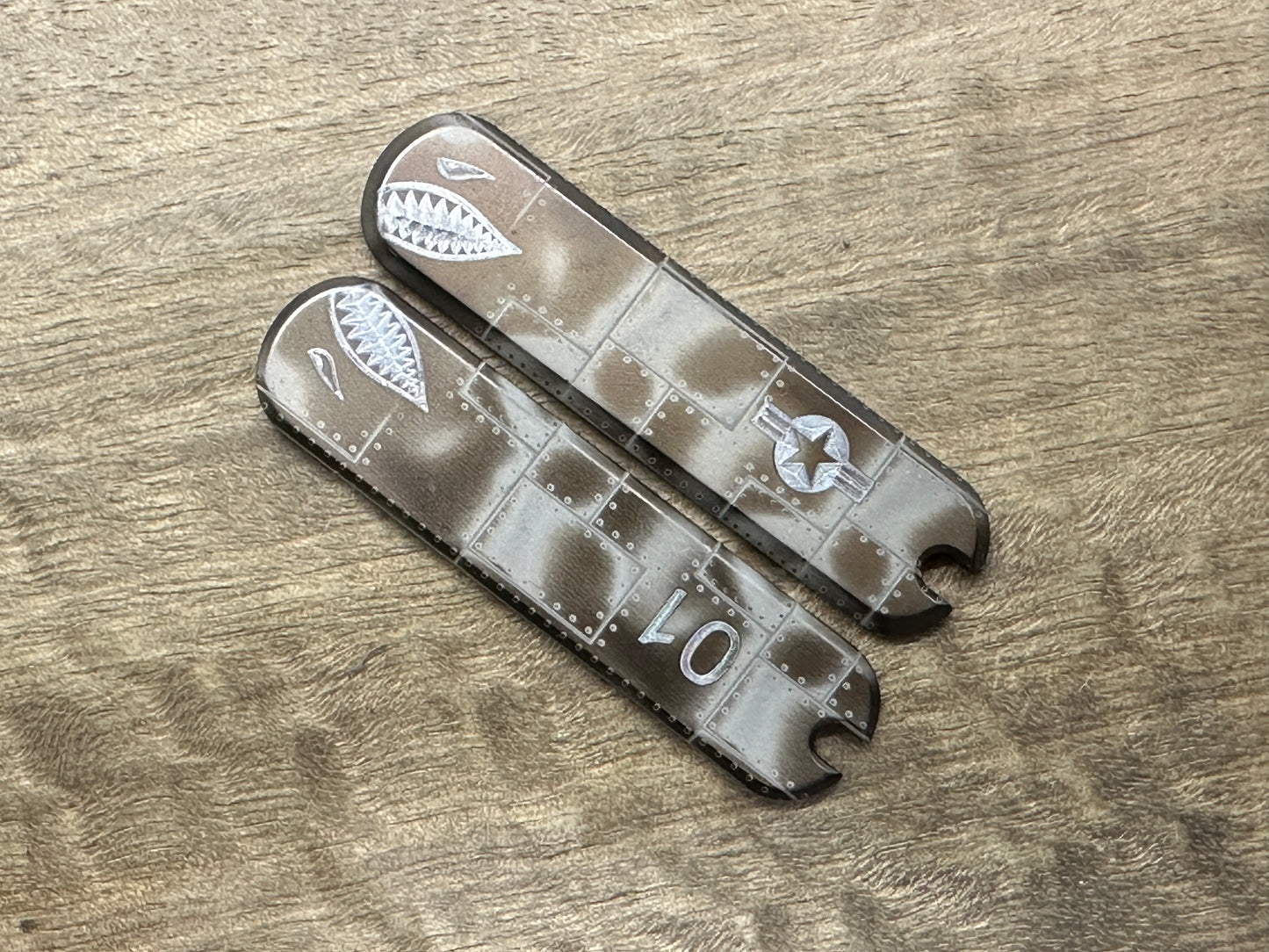 Black P40 RIVETED Airplane engraved 58mm Titanium Scales for Swiss Army SAK