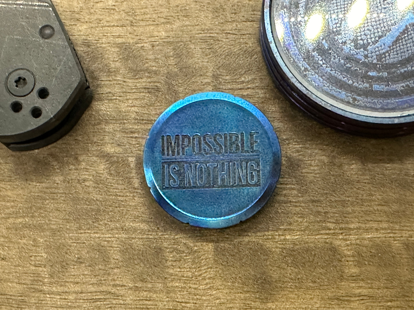 Impossible is Nothing Flamed engraved Titanium Spinning Worry Coin Spinning Top