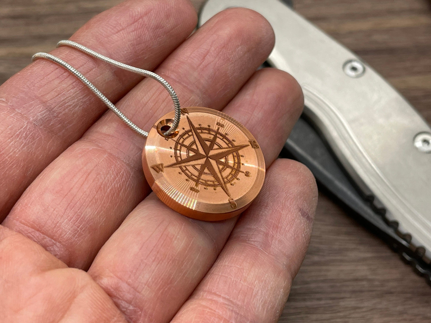 COMPASS engraved Copper Pendant Keychain Dog tag Key fob Necklace