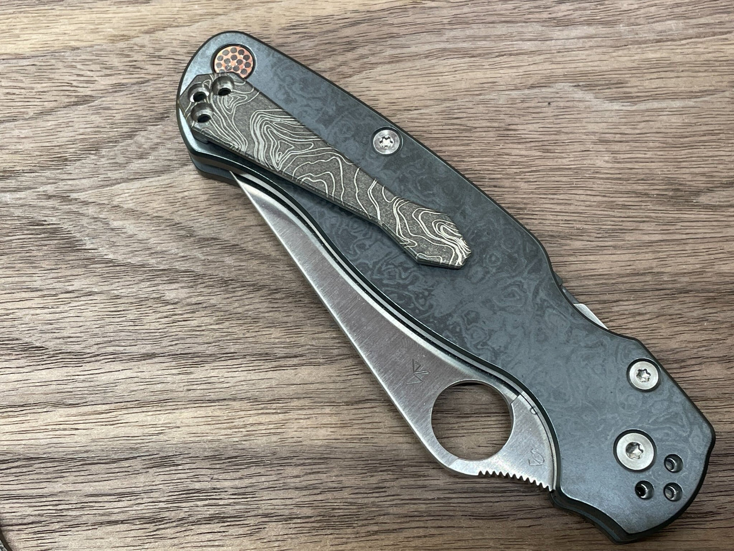 Battleworn TOPO engraved Dmd Titanium CLIP for most Spyderco models