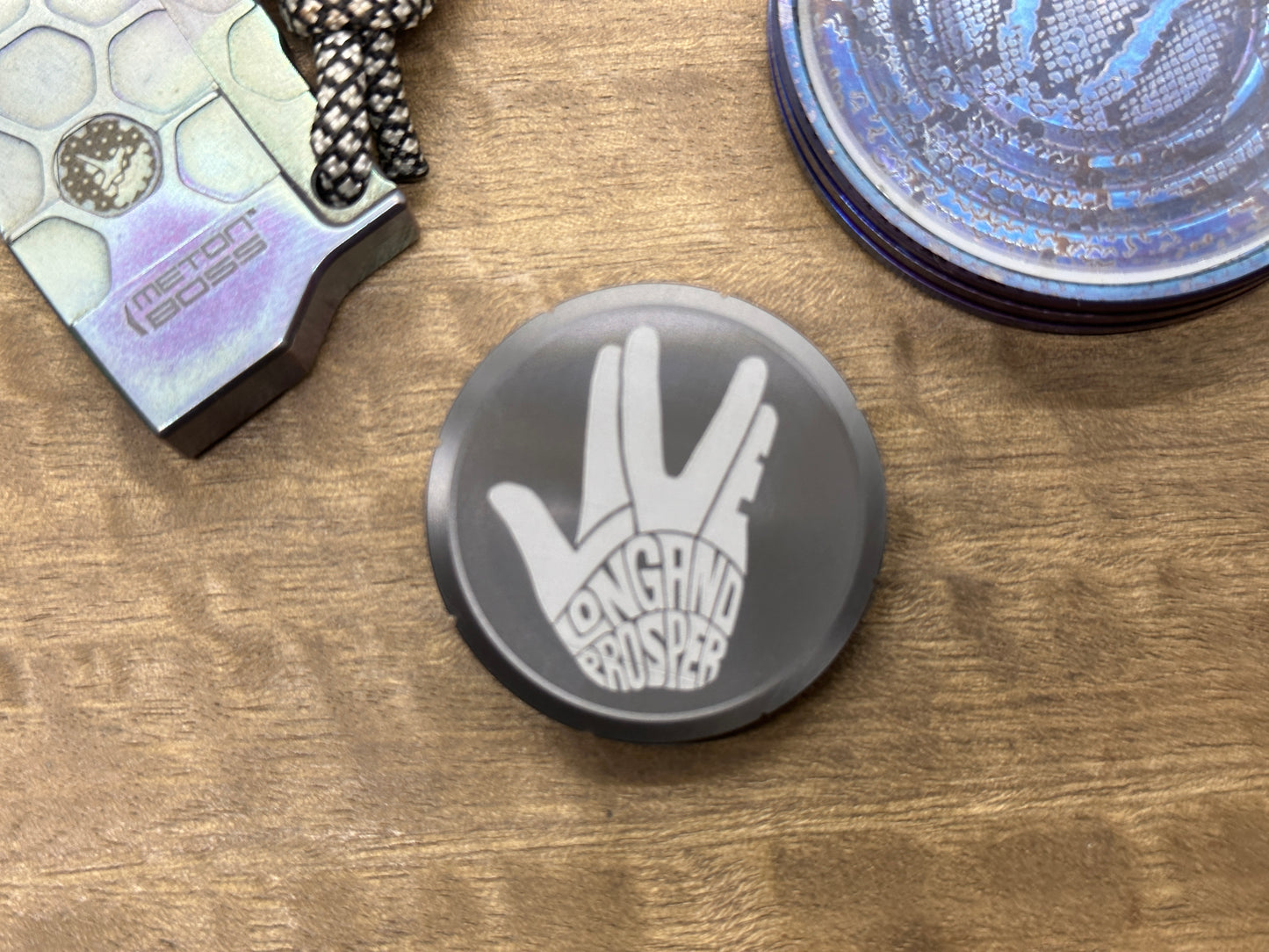 Long Live and Prosper engraved Zirconium Spinning Worry Coin Spinning Top