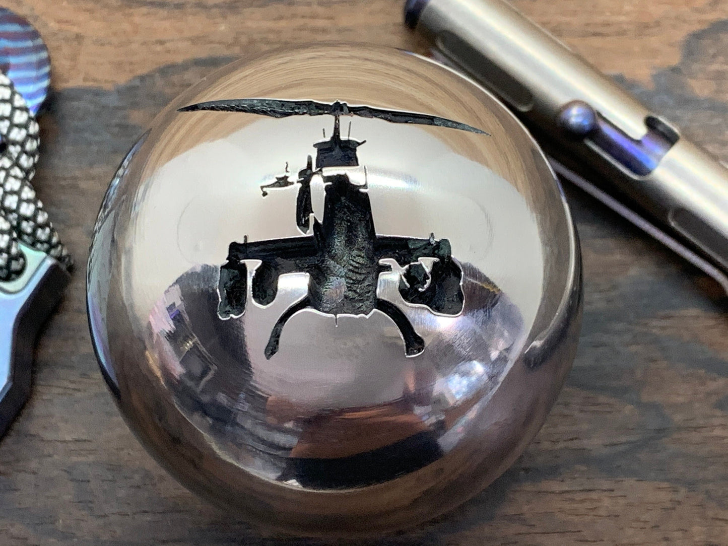 2.15" COBRA Fighter Helicopter Deep engraved Titanium SPHERE + TurboGlow stand