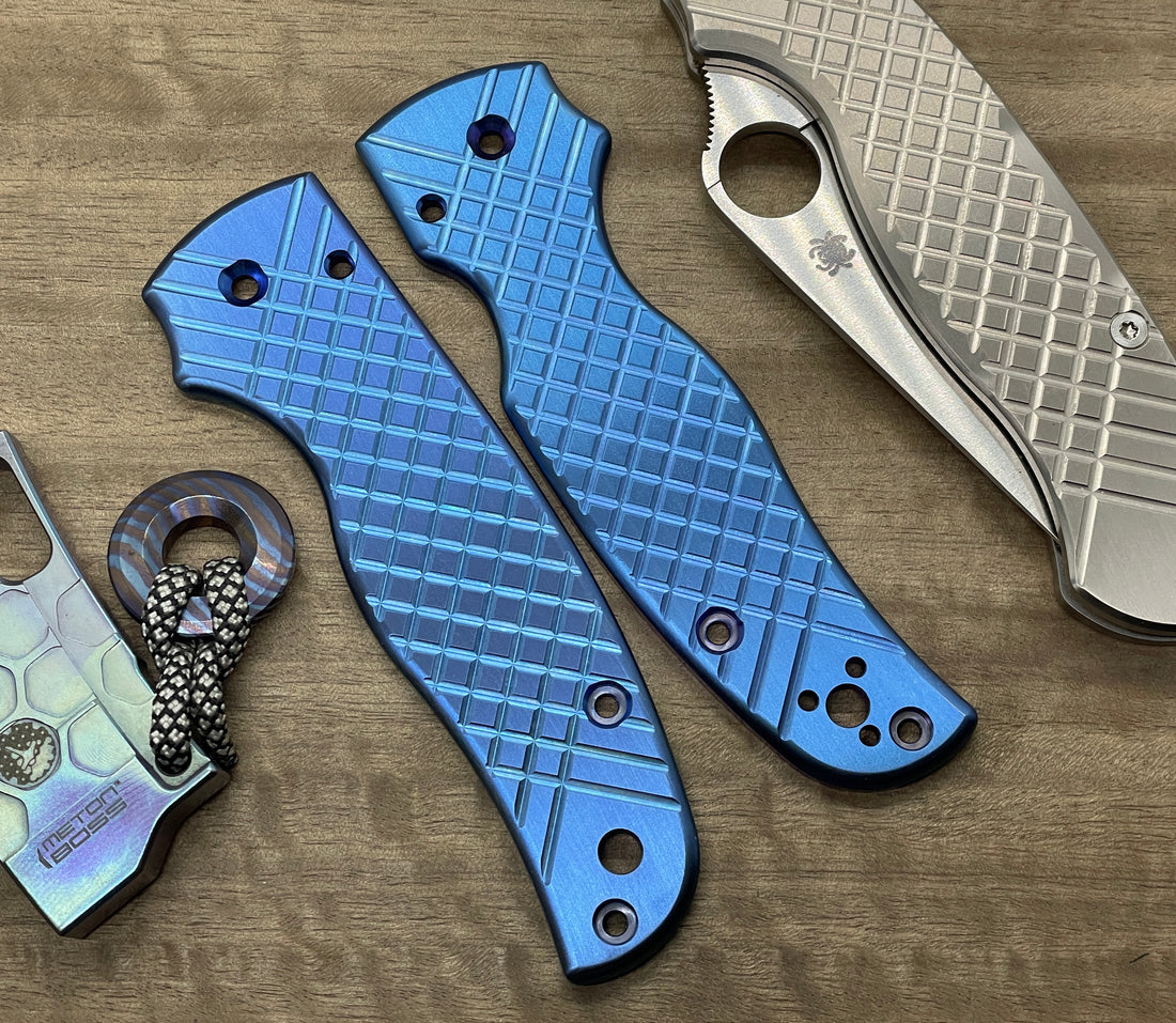 Blue anodized FRAG CNC milled Titanium Scales for SHAMAN Spyderco