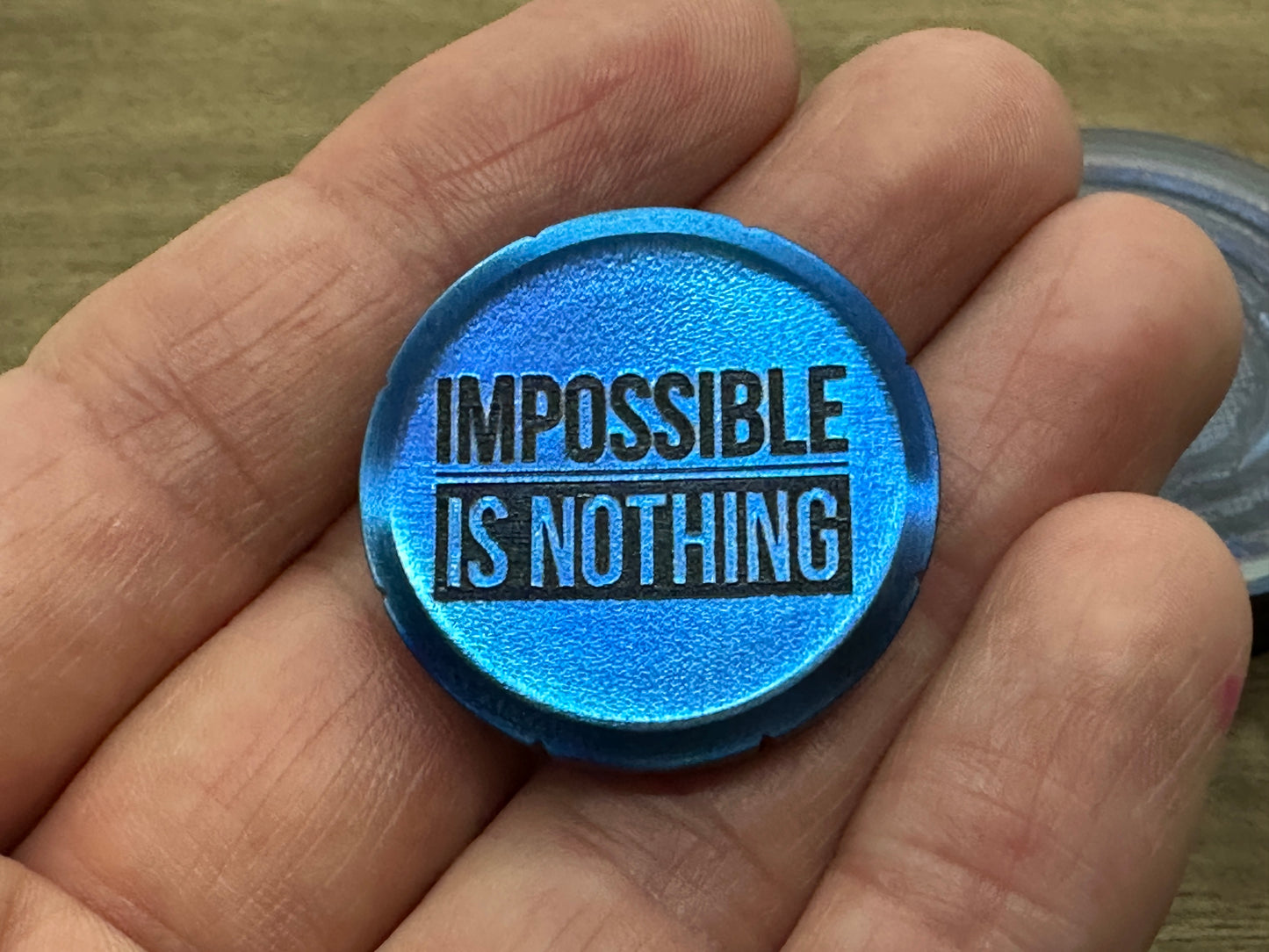 Impossible is Nothing Flamed engraved Titanium Spinning Worry Coin Spinning Top