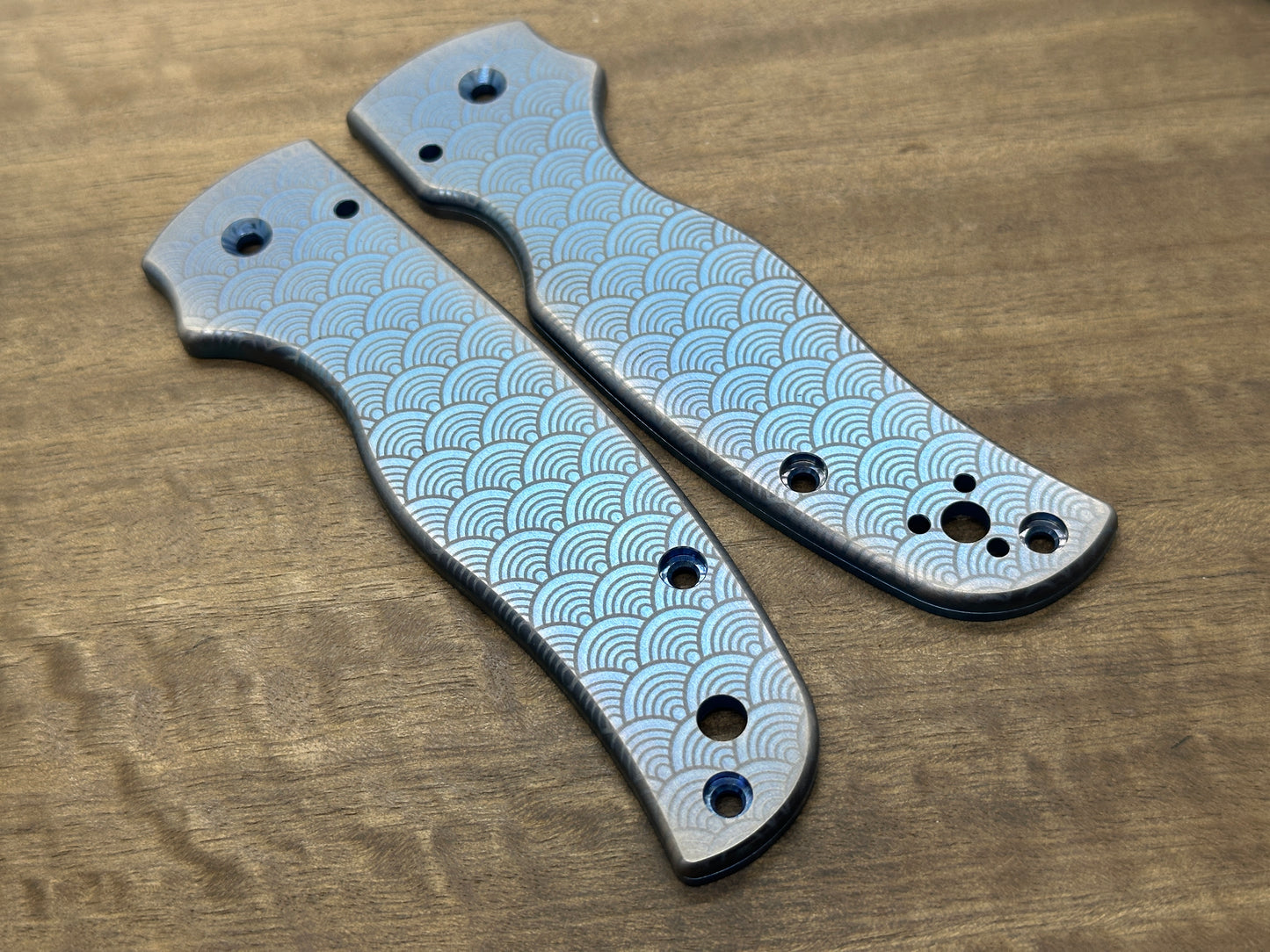 Blue anodized Brushed SEIGAIHA Titanium Scales for SHAMAN Spyderco