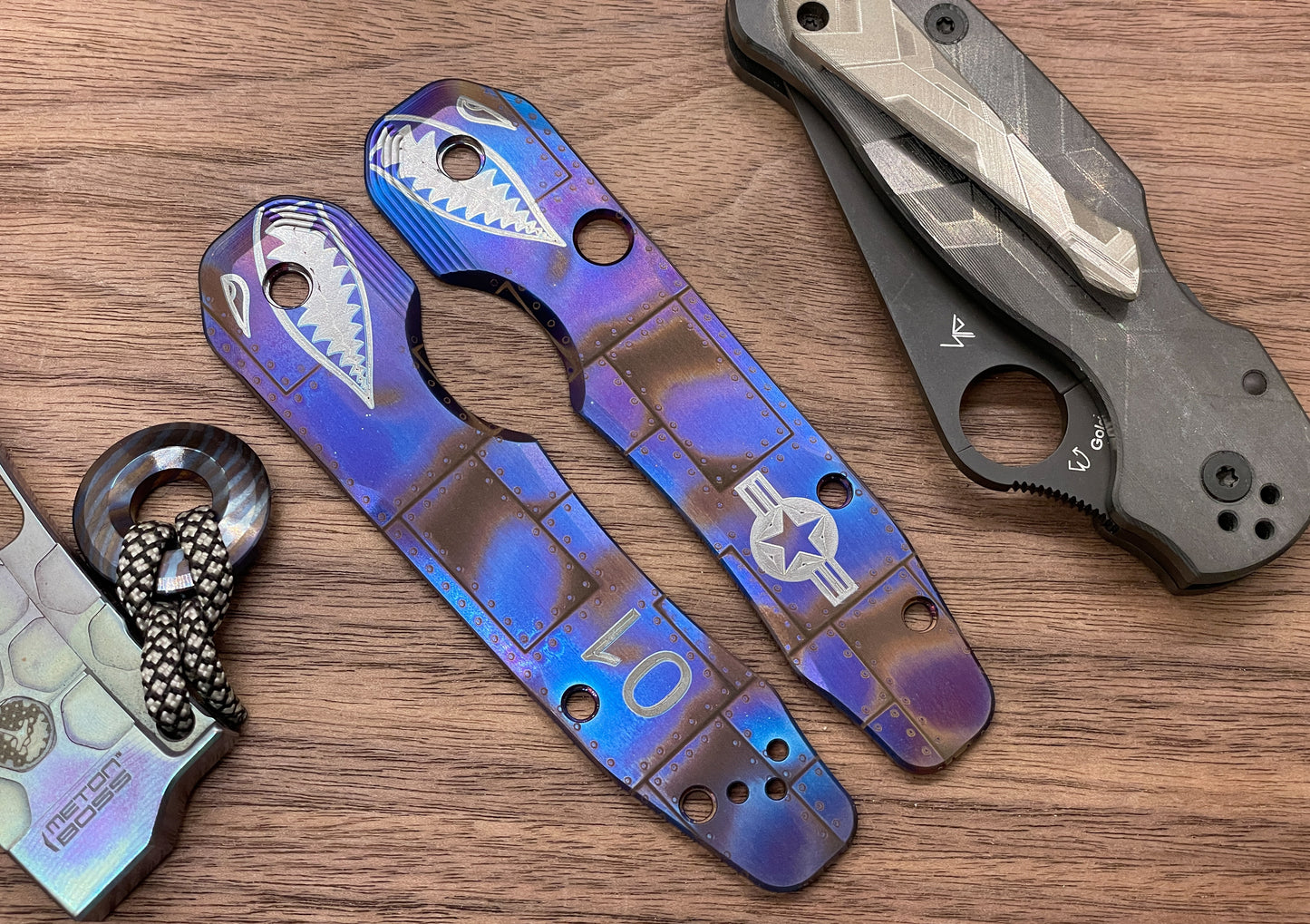 P40 Flamed RIVETED Titanium Scales for Spyderco SMOCK